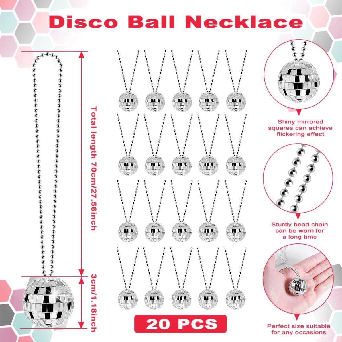 20 Pcs Disco Balls Necklaces - 1 Inch Reflective Mirror 70s Disco Ball Necklaces Disco Party Favor Decoration Costume Accessories for Dance Birthday Party