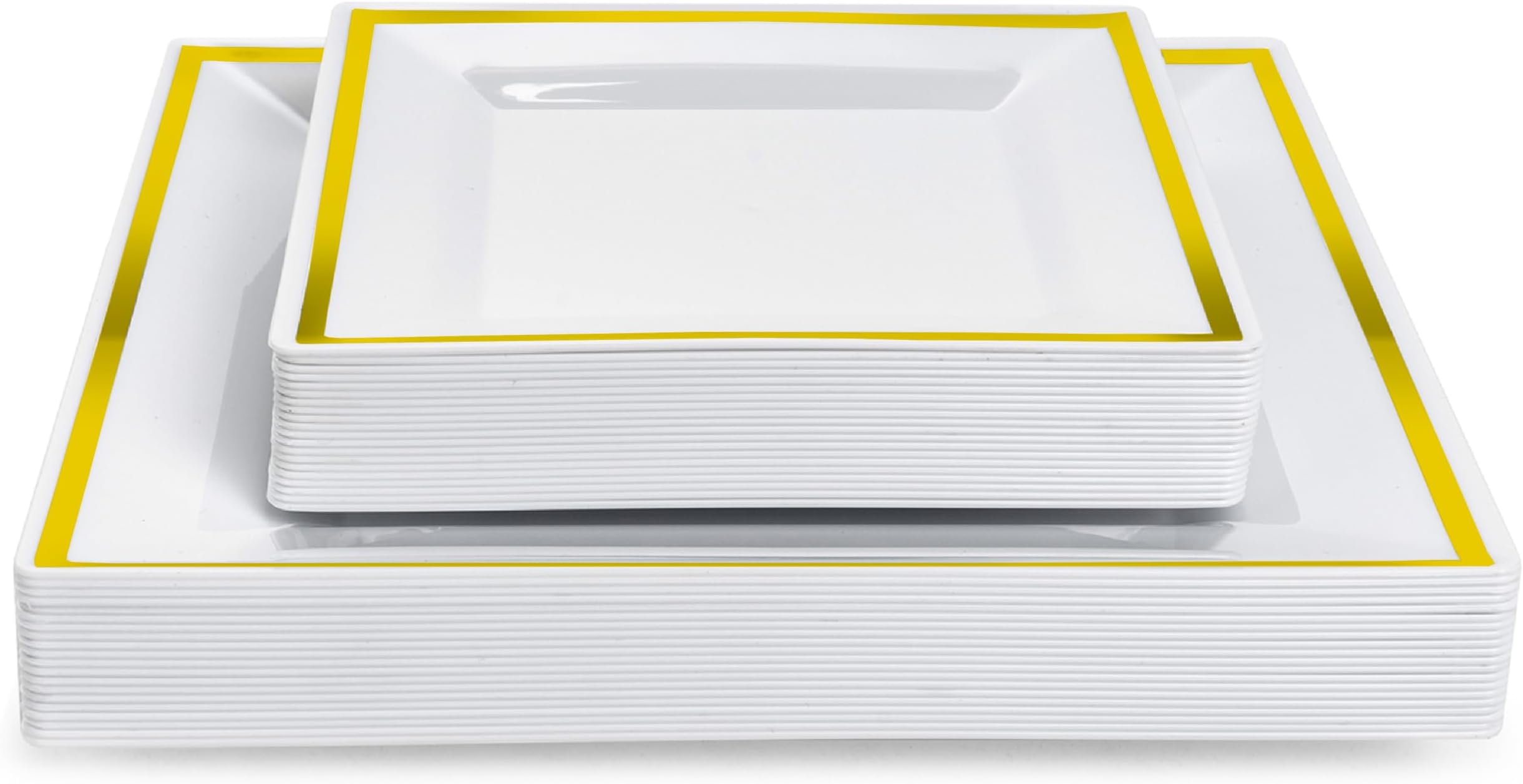MATANA 40 Premium White Square Plastic Plates with Gold Rim - 20 24cm Dinner Plates, 20 16.5cm Side Plates - Elegant & Reusable Party Plates for Weddings, Birthdays, BBQ, Parties