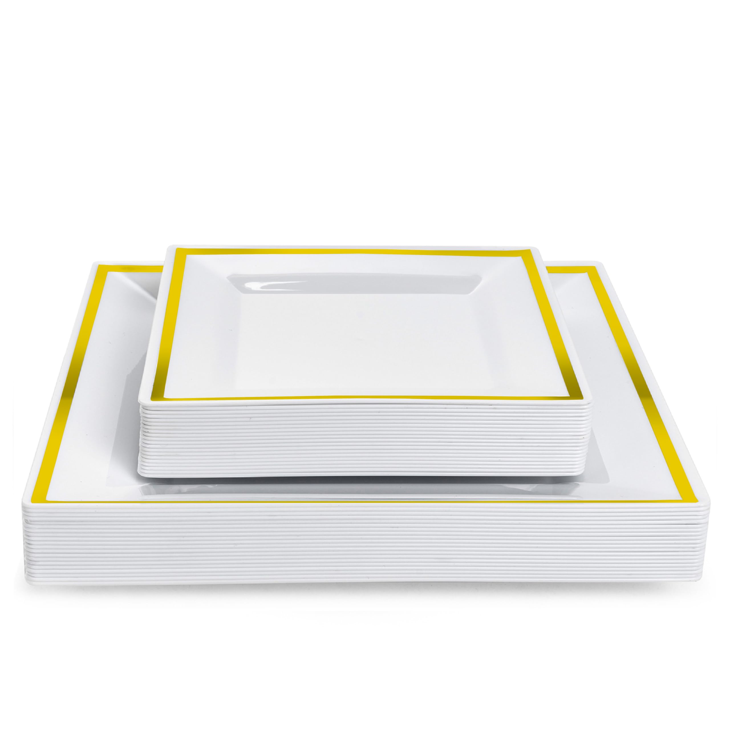 MATANA 40 Premium White Square Plastic Plates with Gold Rim - 20 24cm Dinner Plates, 20 16.5cm Side Plates - Elegant & Reusable Party Plates for Weddings, Birthdays, BBQ, Parties