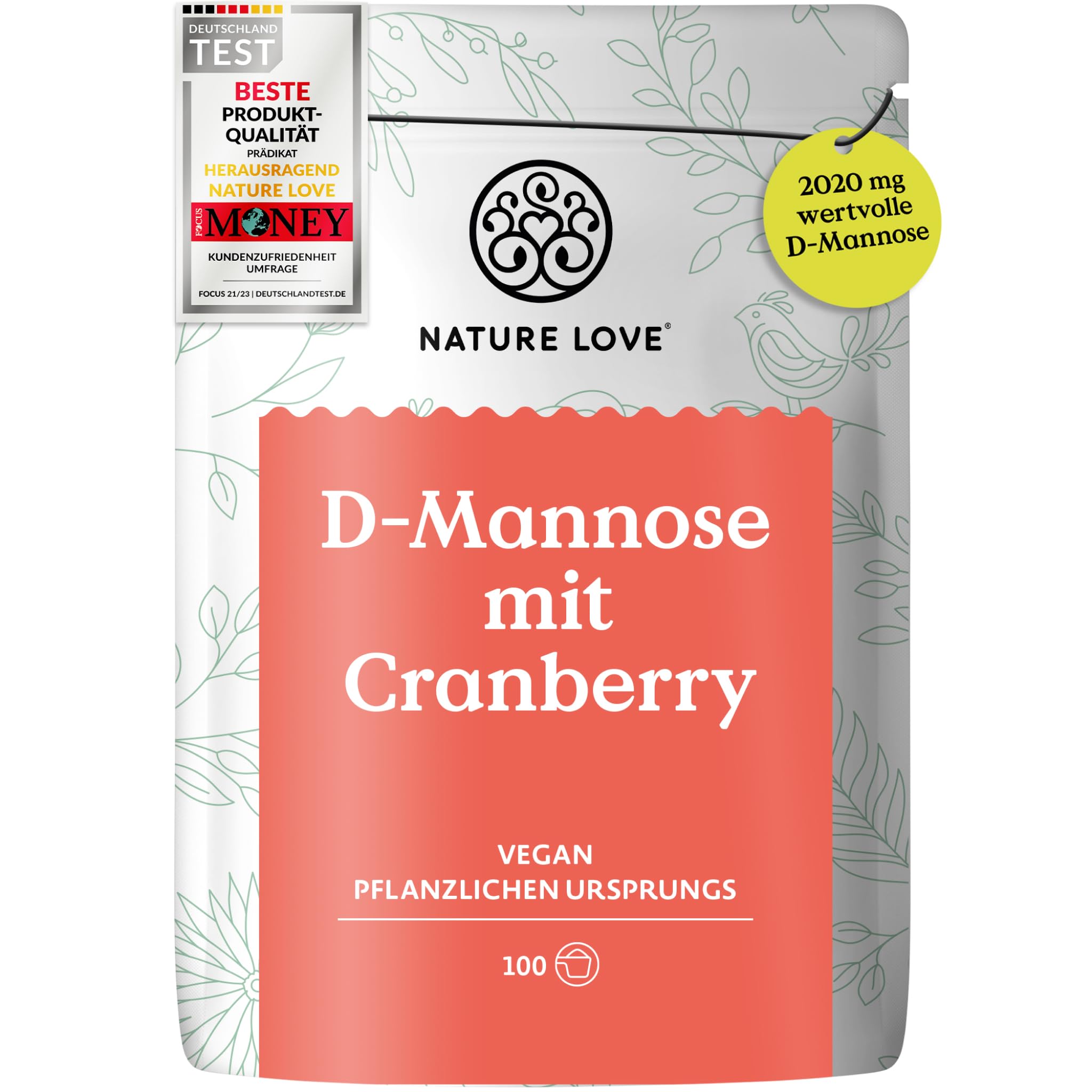 NATURE LOVE® D-Mannose Pulver mit Cranberry - 250 Gramm Pulver zum Auflösen in Wasser - 100 Tage Reichweite - mit Dosierlöffel - hochdosiert, vegan, laborgeprüft & in Deutschland produziert