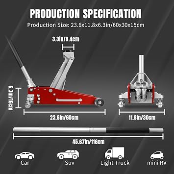 Jack Boss 3 Ton Low Profile, Aluminum and Steel Racing Floor Jack with Dual Pistons Quick Lift Pump for Sport Utility Vehicle, Lifting Range 3-15/16 min to 18-5/16 max, Net Weight 58.5 lb, Red