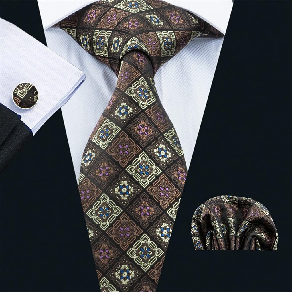 Release Conjunto de Corbata para Hombre Seda Marrón Novedad Corbata Hanky Gemelos Corbatas para Hombres Boda Negocios