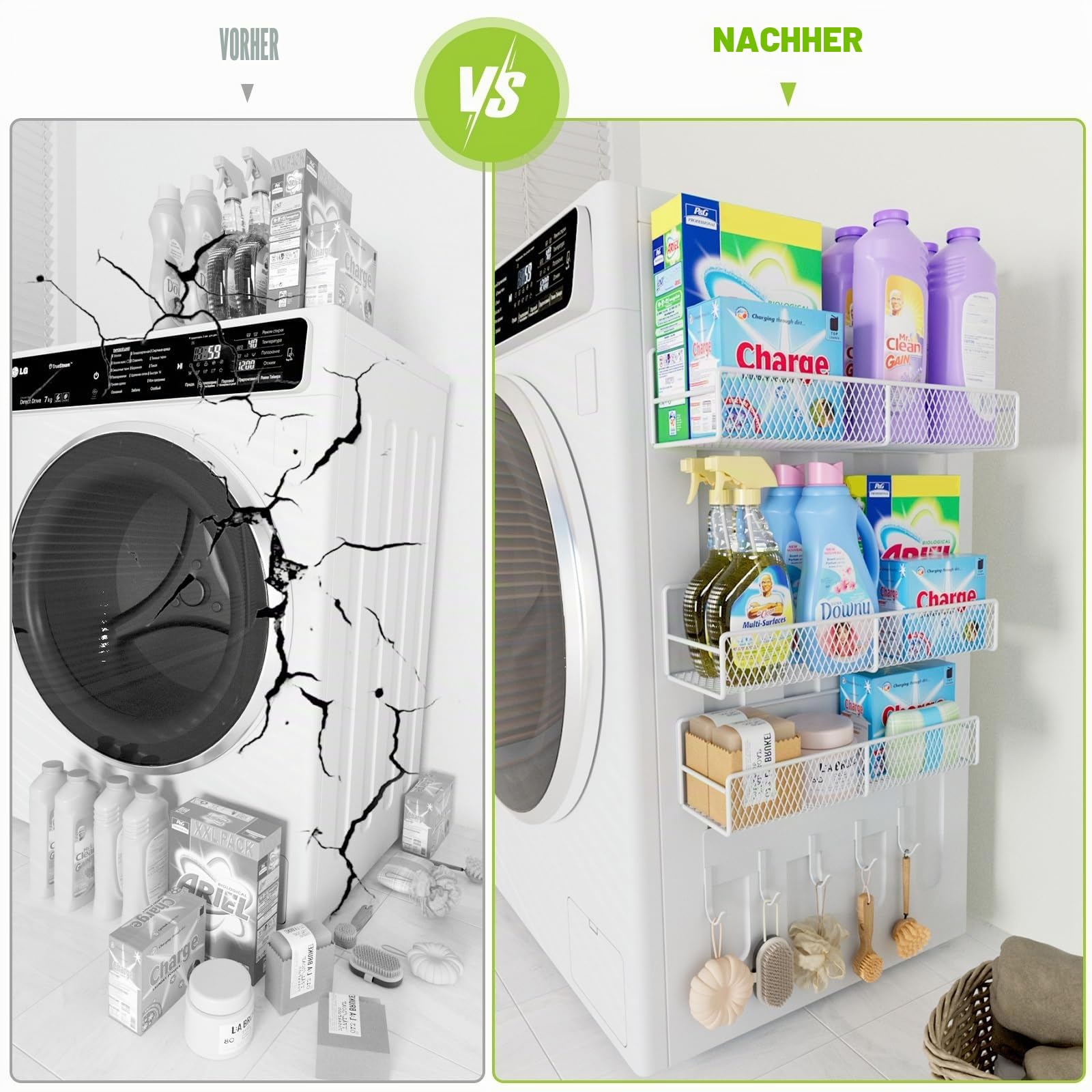 Magnetische Regale für Waschmaschine, robust, magnetischer Wäsche-Organizer mit Haken, Waschmaschinenregal für Kühlschrank, Metall-Aufbewahrungskörbe, Schrank und Waschküchen-Organisation (weiß), 4