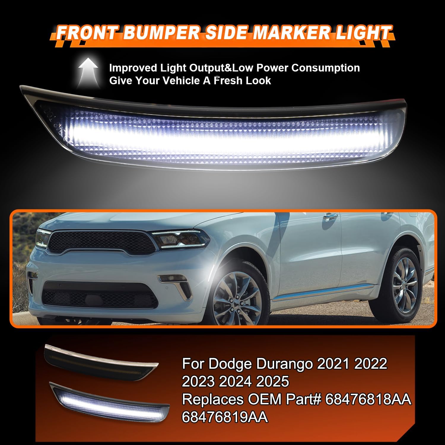 LED Durango Front Bumper Fender Side Marker Lights for Dodge Durango 2021 2022 2023 2024 2025 Side Markers, Smoked Lens Full White LED Indicator Lamps 2PCS, Replaces# 68476818AA (White LED)