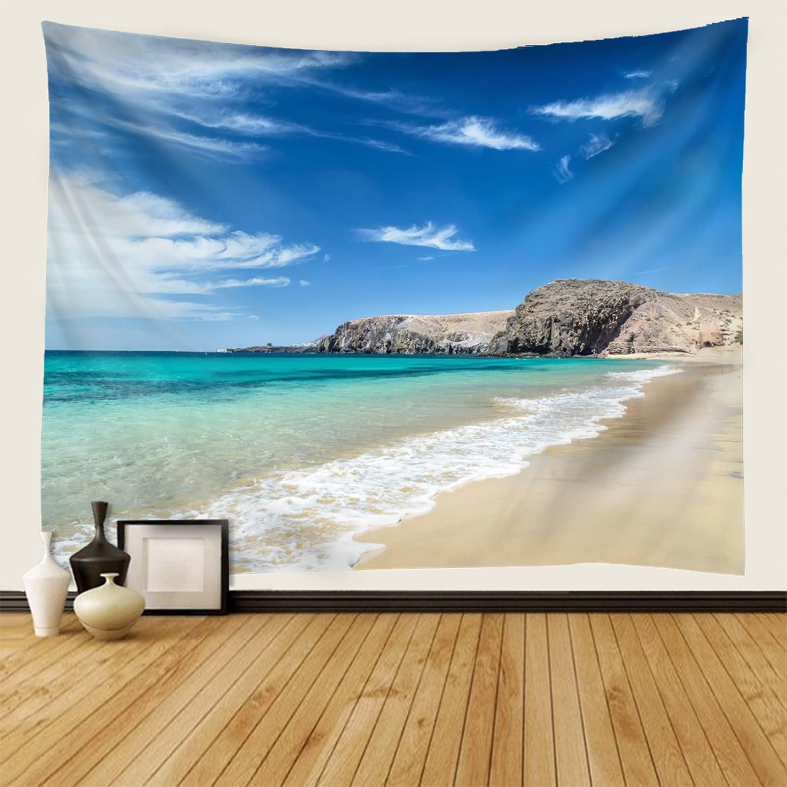 Homxi Tapices Habitación 260 x 240 CM,Paisaje de Playa Tapiz Sofa Poliester Azul Verde Caqui