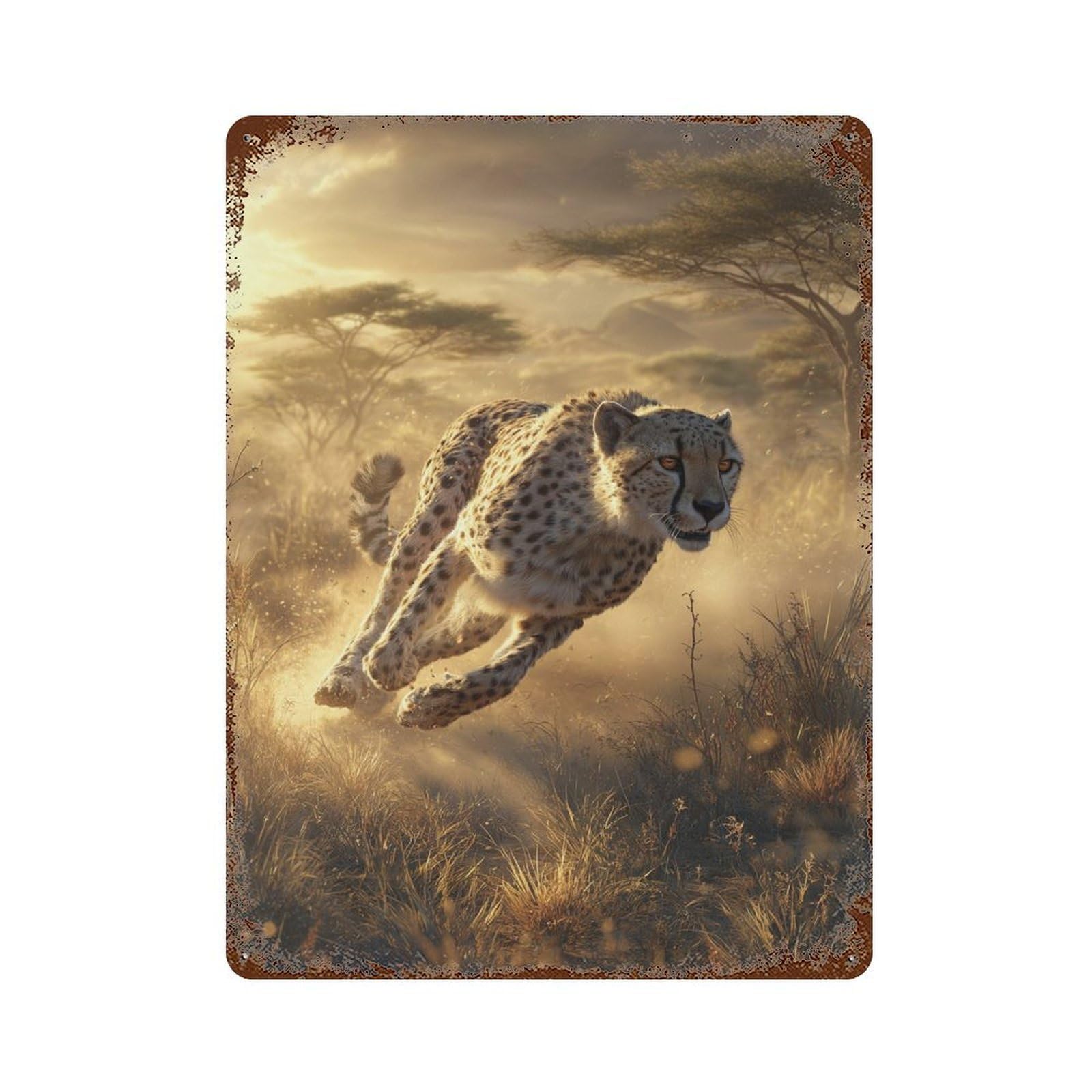Rust Effect Cheetah Running in Savannah -1 Rusty Metal Tin Sign 15.7"x11.8", Decorative Metal Wall Art for Farmhouse, Kitchen And Entryway Decor