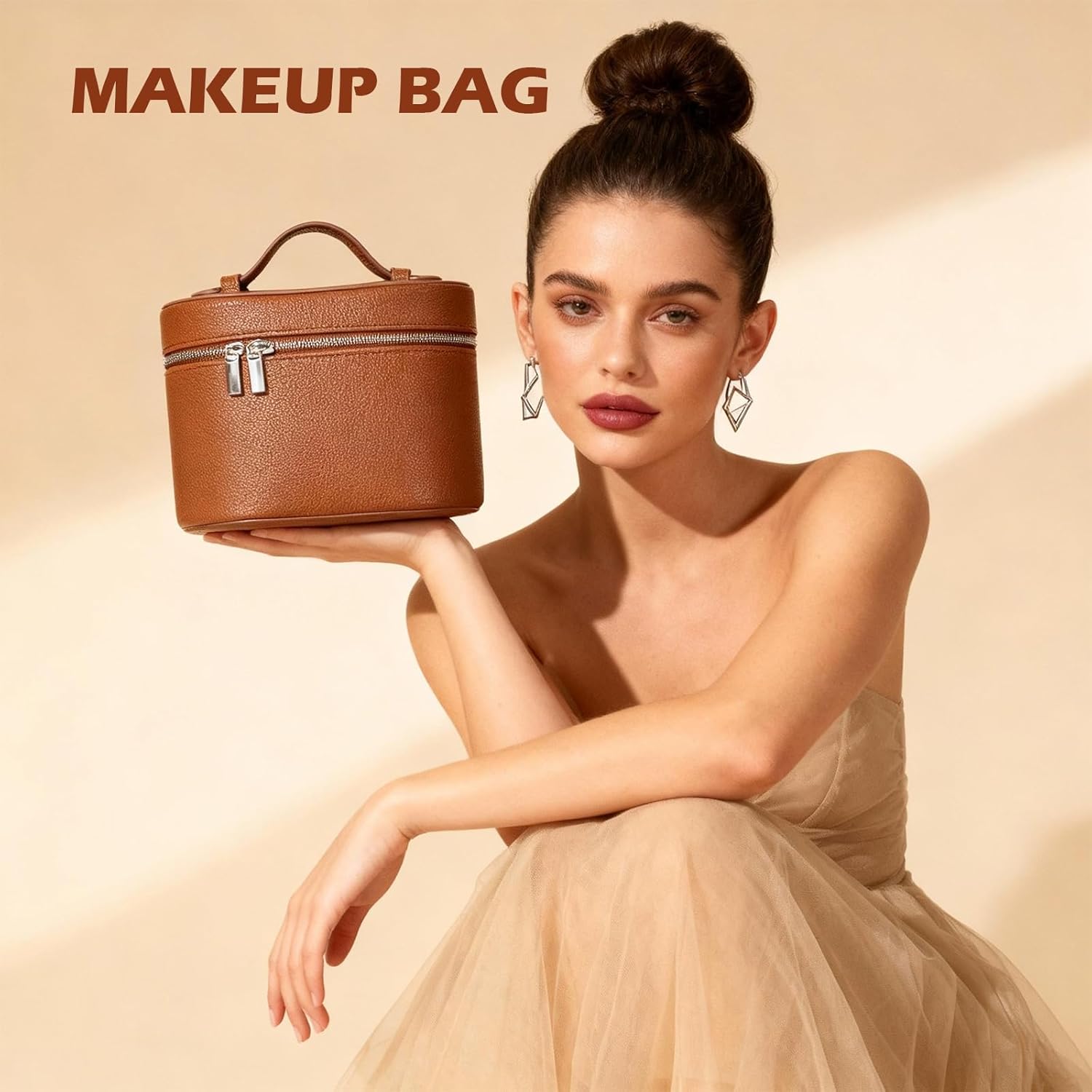 Leather Makeup Bag, Waterproof Vanity Bag with Removable Washable Compartments, Elastic Brush Straps, Dual Zipper & Carry Handle, Brown - Image 6