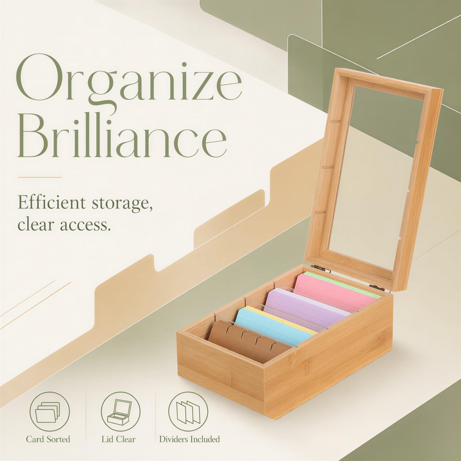 Boîte à fiches 3 x 5, boîte à recettes en pin 10 x 5,9 x 4 po avec séparateurs, organiseur de fiches avec couvercle basculant transparent, pour bureau, cartes nominatives, cartes mémo