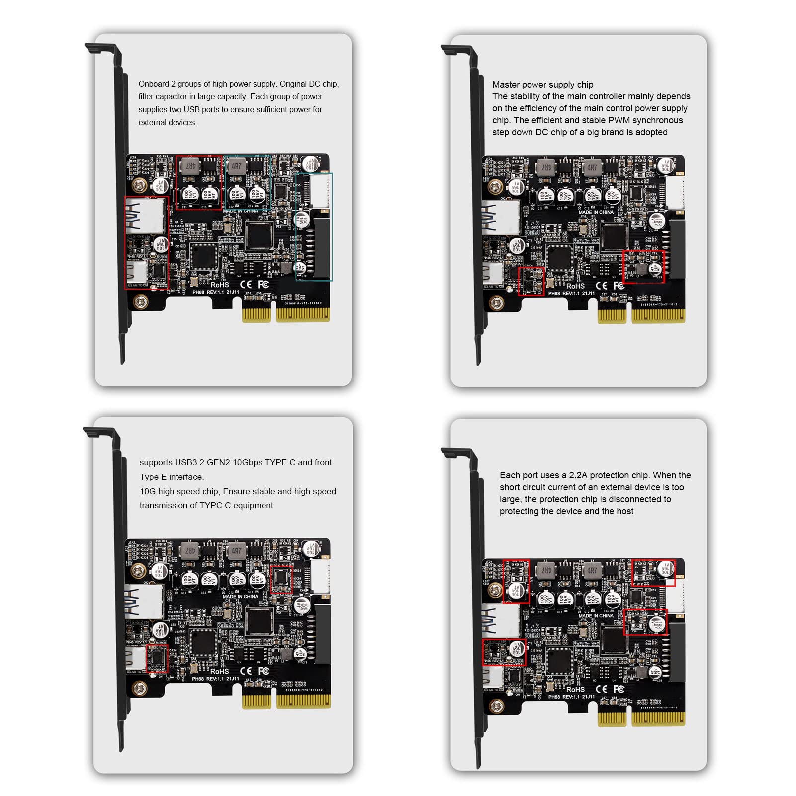 PCIe to USB 3.2 GEN2 Card, PCIe 3.0 to USB A+USB C+Front Type E+19/20PIN Expansion Card - Image 2