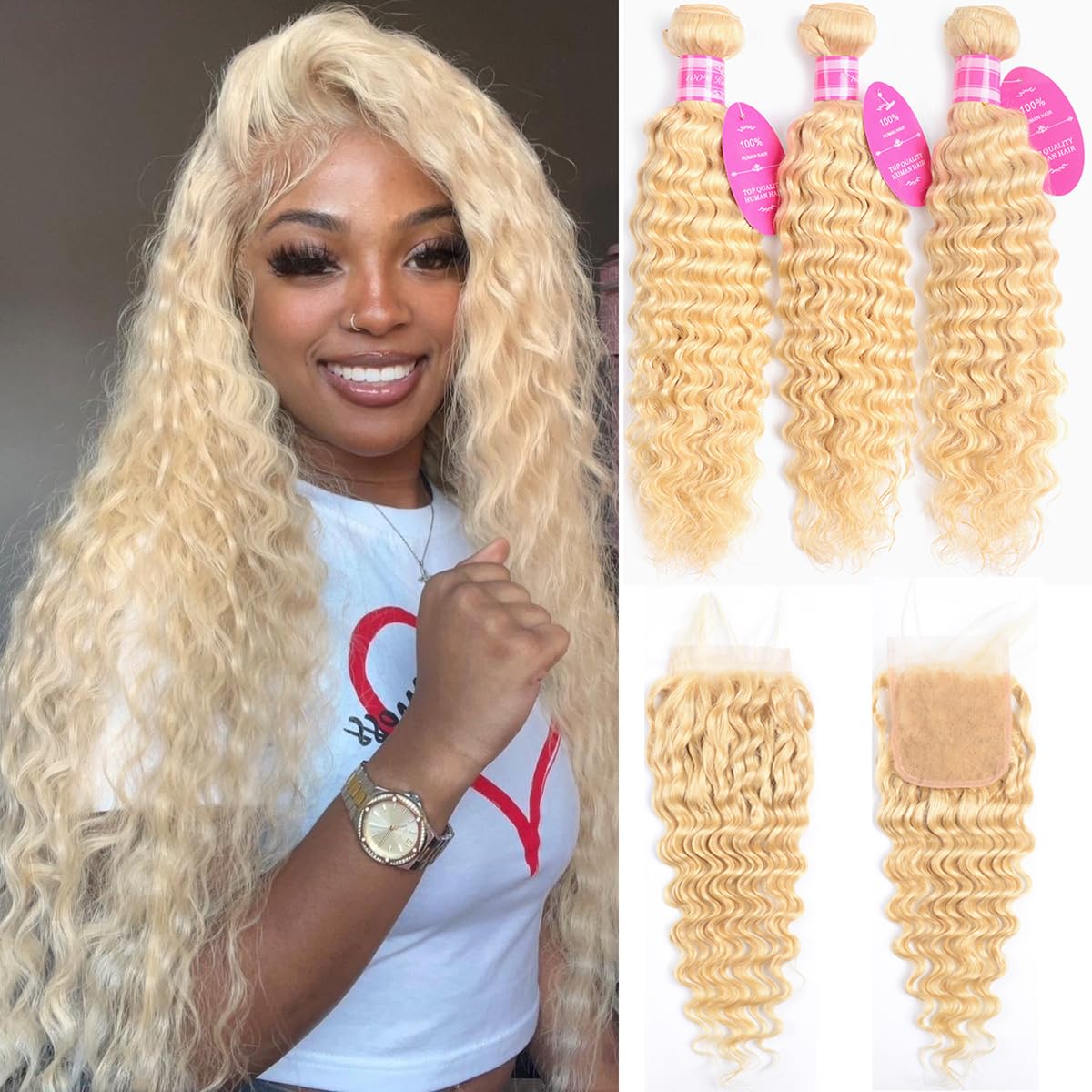 Deep Wave 613 Blonde Bundles with Lace Amazon.com : Human Hair 613 Blonde Deep Wave Bundles with  main image 3