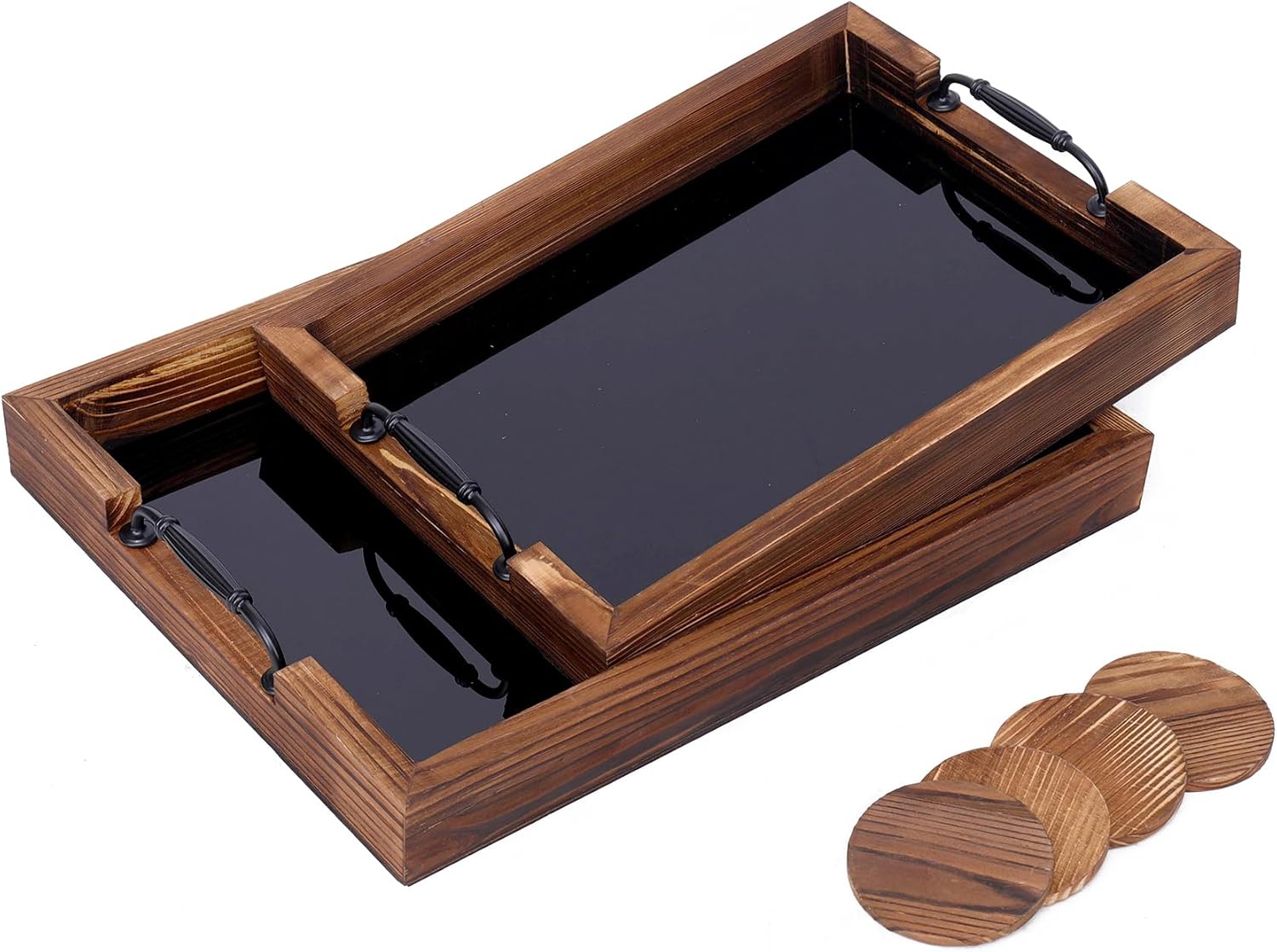 Luxury Wood Serving Tray Set with Matching Coasters - 6-Piece Set (18x14 & 16x12), Torched Dark Brown, Black Acrylic Liner, Reflective Base, Sturdy Handles (2 Tray Set + 4 Coasters)