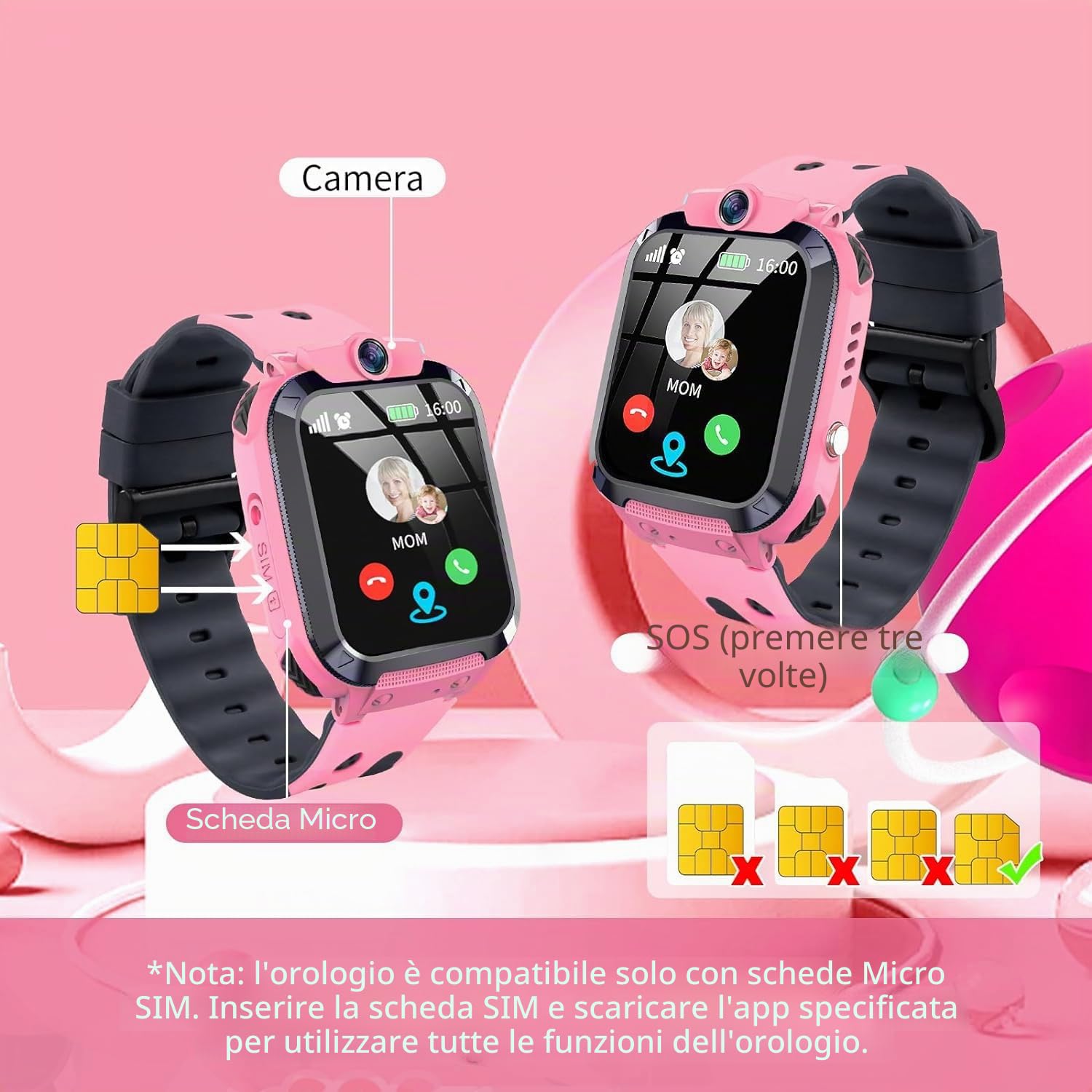 Smartwatch per Bambini con Chiamata, SOS, Calcolatrice, Giochi, Sveglia, Fotocamera, IP67 impermeabile, Modalità Silenziosa Regalo Adatto per Ragazze e Ragazzi Rosa