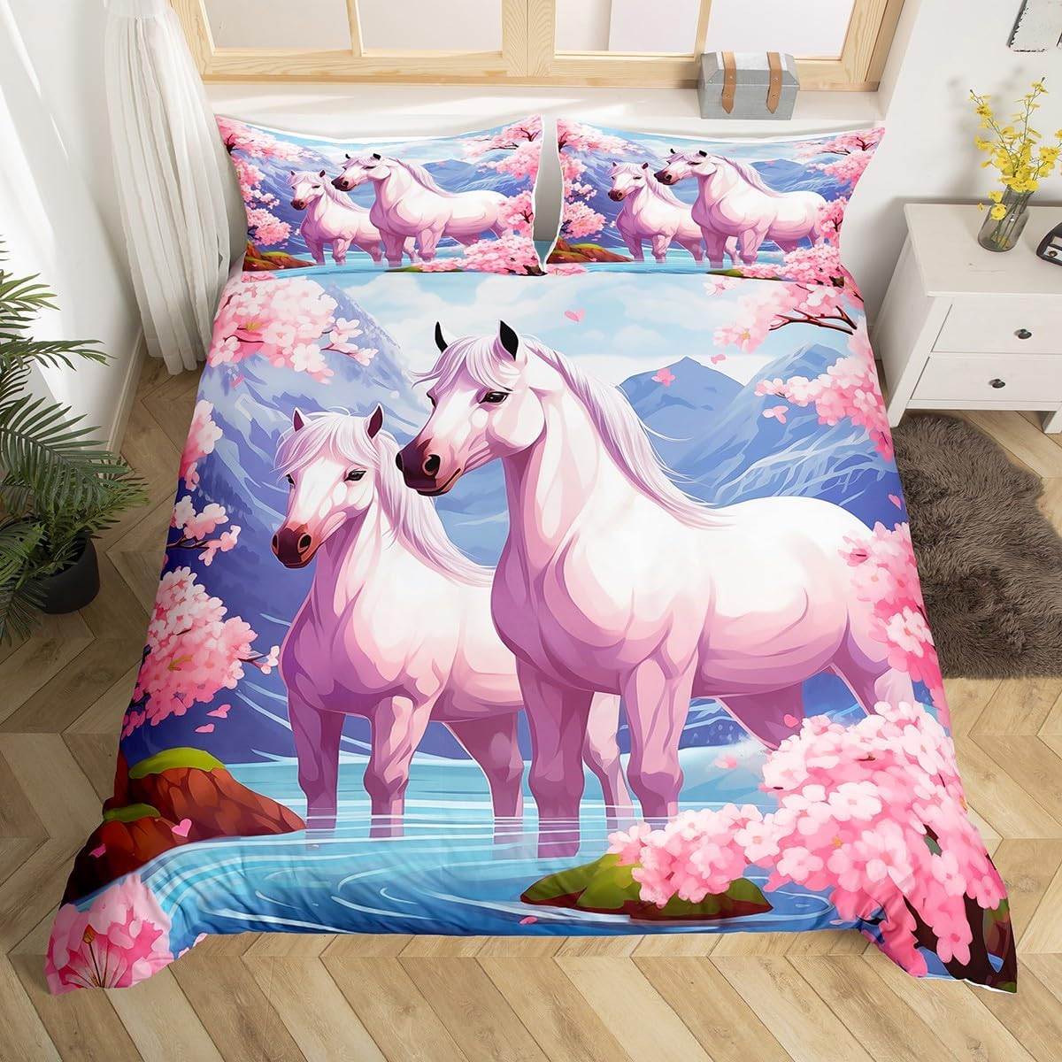 Erosebridal Horse Toddler Bedding Set,Pink Cherry Blossom Duvet Cover,Western Farmhouse Horse Quilt Cover for Girls Boys,Rustic Mountain Floral Bed Set Bedroom Decor,2Pcs (No Comforter)