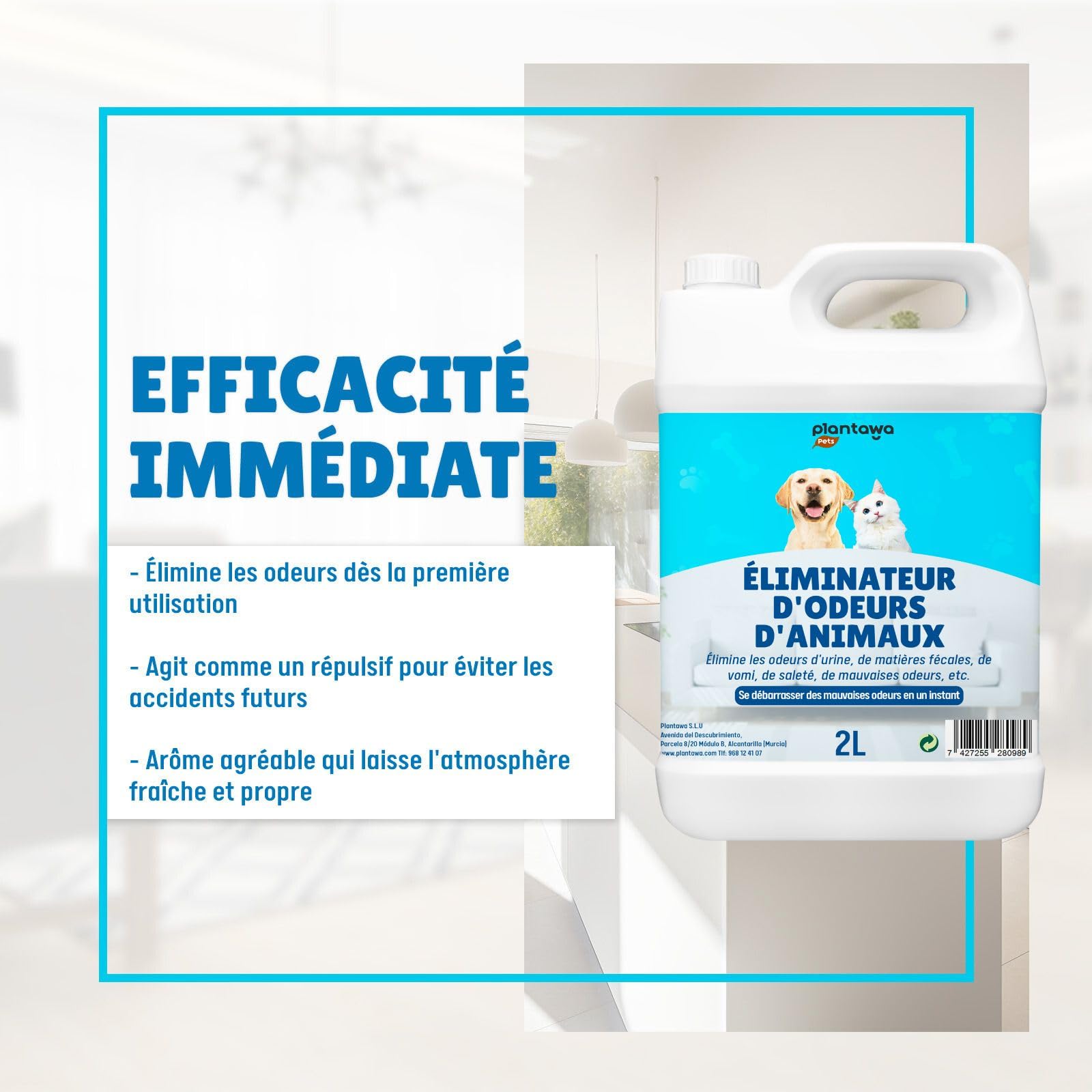 PLANTAWA Éliminateur instantané d'odeurs d'animaux domestiques 2L. Neutraliseur Enzymatique Odeurs Urine Fèces Vomissements. Intérieur et extérieur, Patio Jardin. Anti Odeur Urine Chiens Chats.