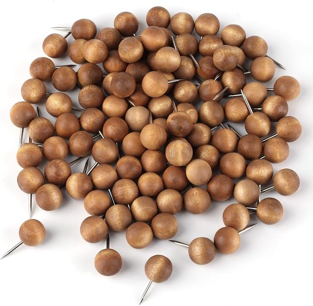 100pcs Wooden Push Pins, Natural Wood Push Pins Round Head Thumb Tacks for Cork Board Bulletin Board Map Wall Calendar Photo Office Supplies (Dark Brown)