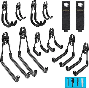Garage Hooks, 12 Pack Wall Storage Hooks with 2 Extension Cord Storage Straps, Heavy Duty Tool Hangers for Utility Organizer, Wall Mount Holders for Garden Lawn Tools, Ladders Hanger, Bike (Black)