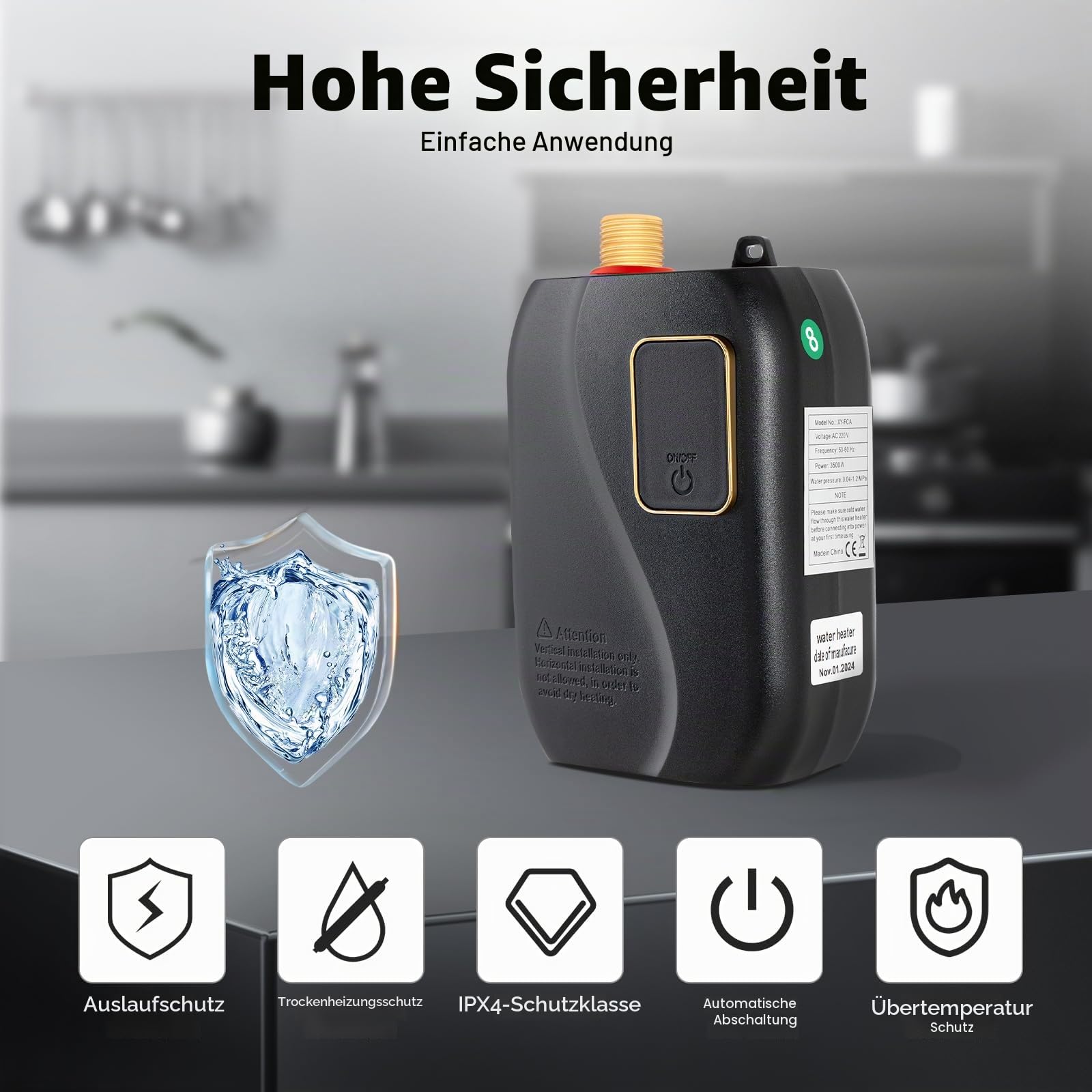 Mini Klein Durchlauferhitzer Elektronisch Tankless Water Heater Elektrischer Universal Kompakt Aus Edelstahl Elektro Warmwasser Dusche Im Wasserhahn FüR DraußEn Outdoor KüChe Camping Schwarz
