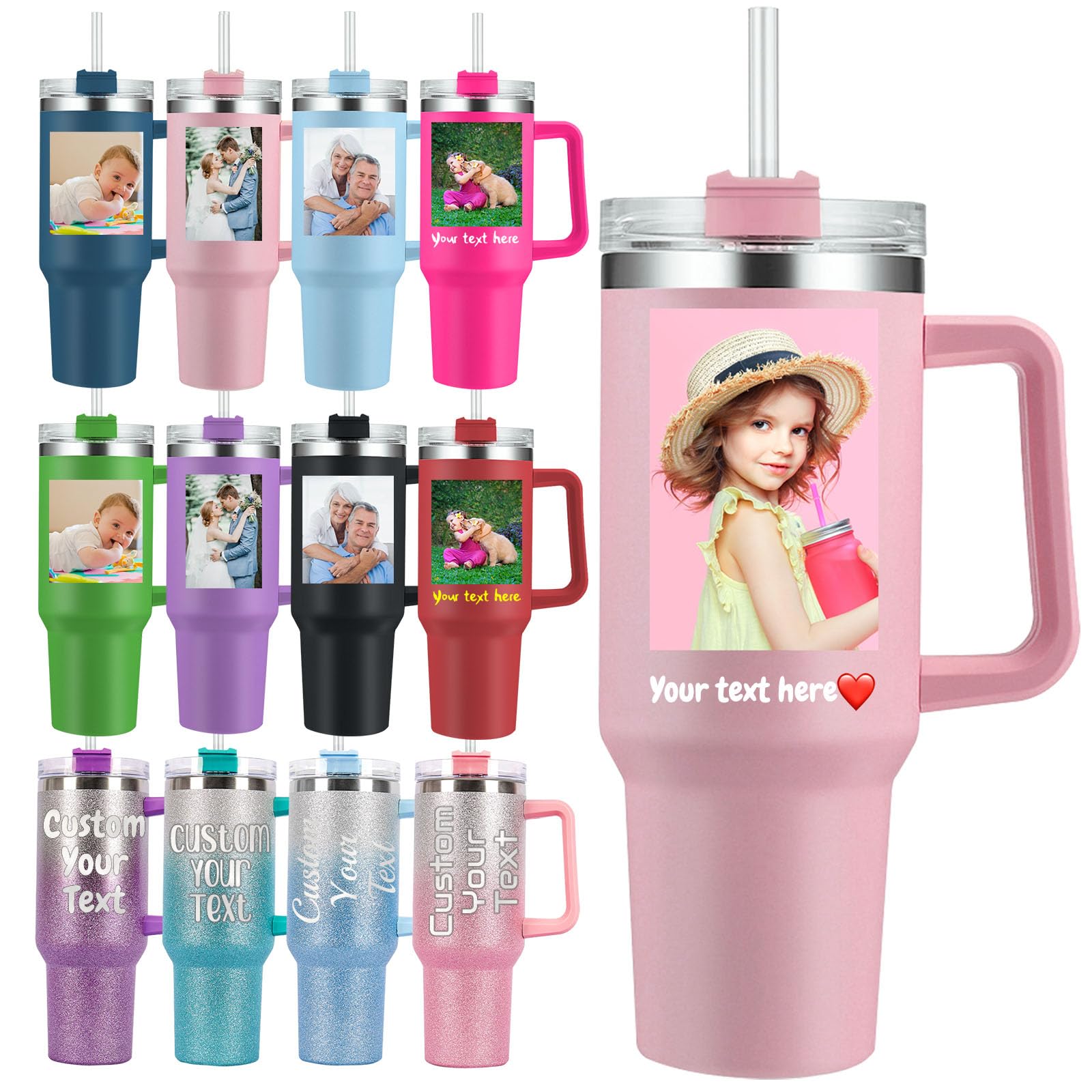 40 OZ Personalized Tumbler with Handle Custom Insulated Stainless Steel Tumbler with Lids Straw Free Print Youur Photo Text-Light Pink