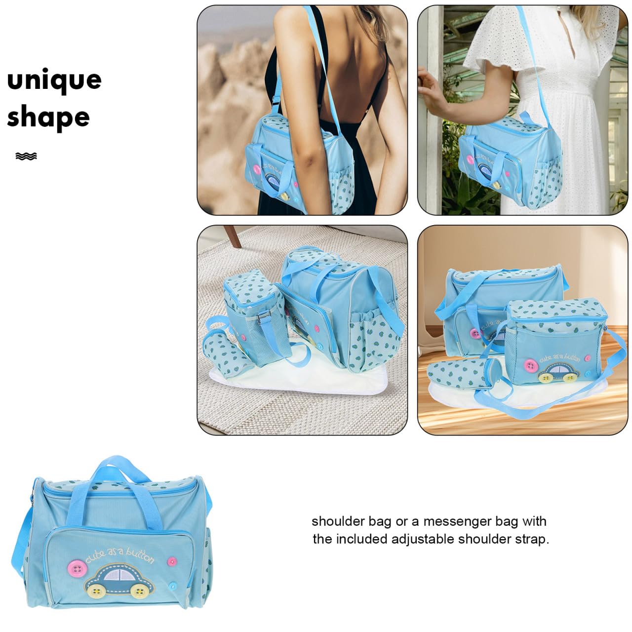 Toyvian 4-in-1 Set Sky Blue Large Capacity Diaper Tote with Waterproof Oxford Fabric Adjustable Shoulder Strap Baby Diaper Changing Pad Travel Organizer
