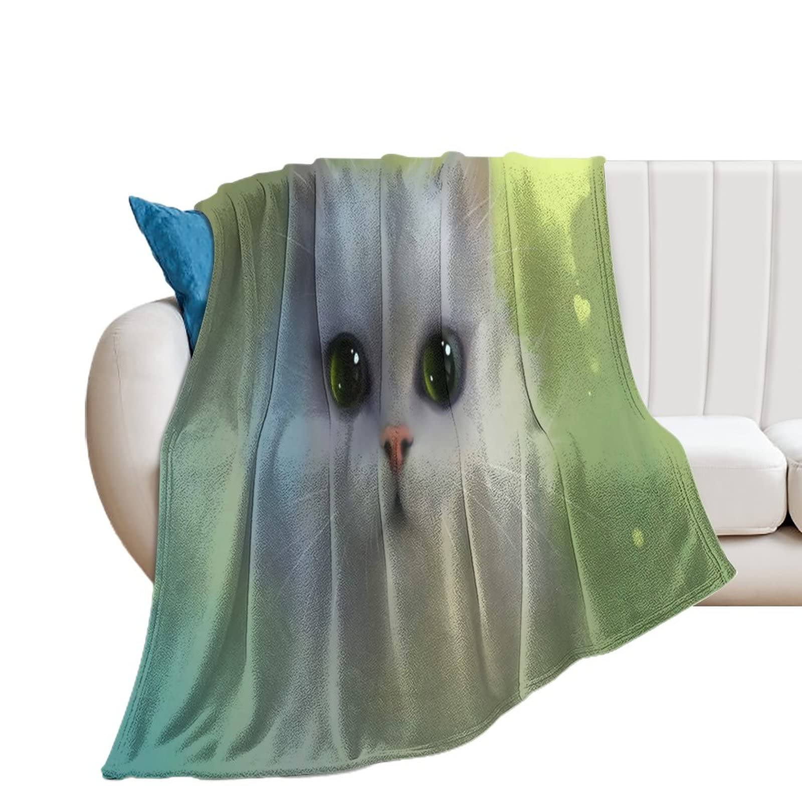 Couverture polaire chat blanc 130x150cm jeté de canapé imprimé art