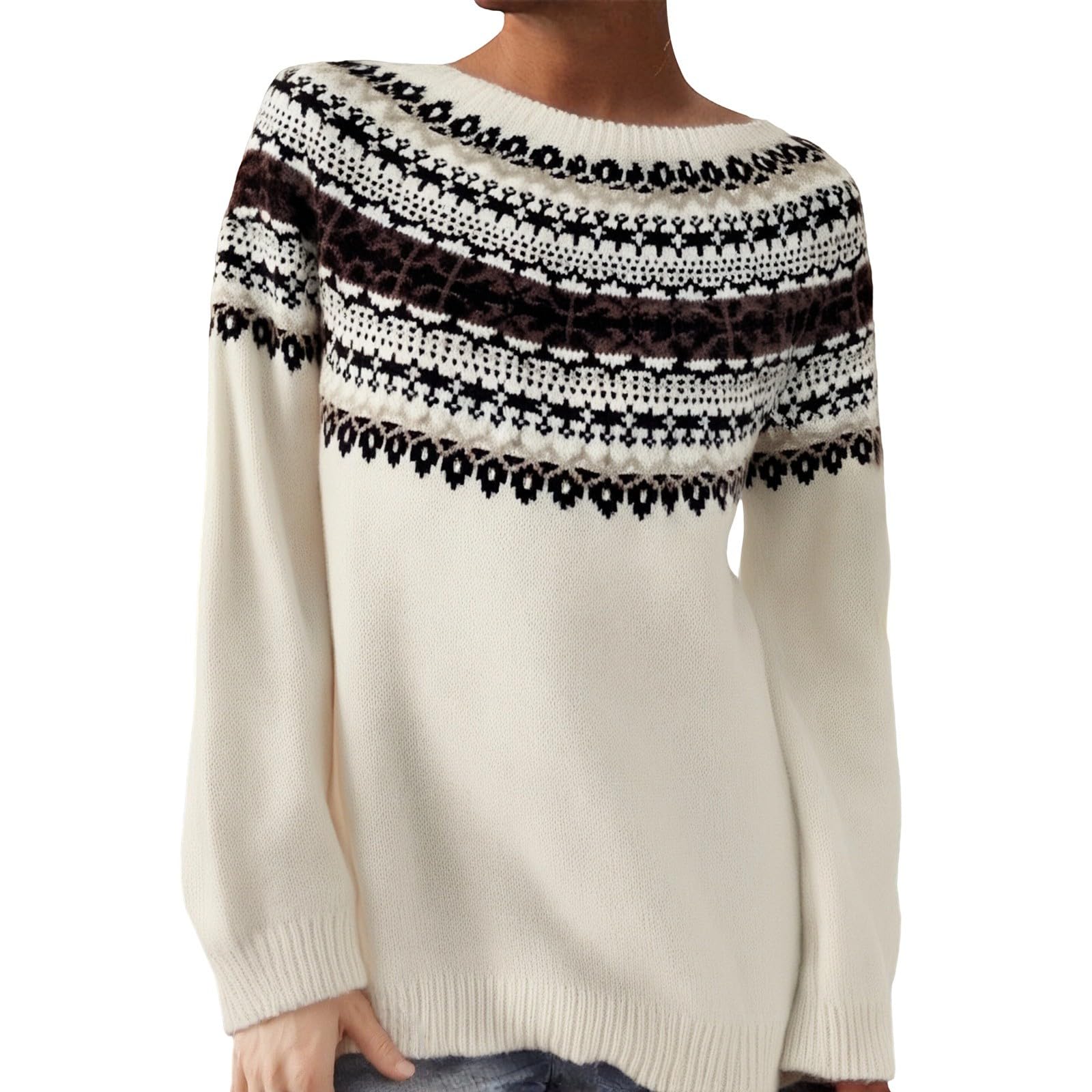 Fair Isle Sweater Women Vintage Knitted Embroidered Ugly Christmas Sweaters Fall Winter Boat Neck Pullover Jumper Boho Tops