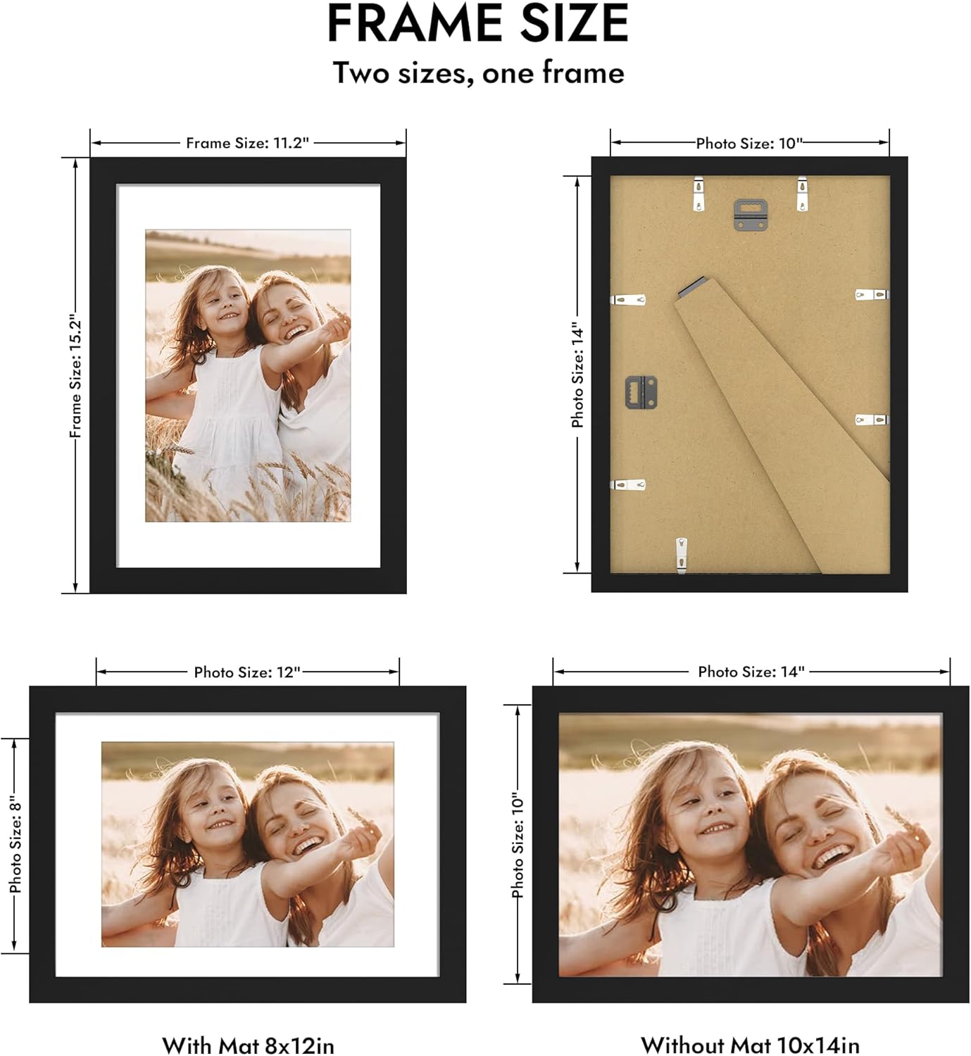10x14 picture frame with real glass - 8x12 wooden frame with mat, horizontal and vertical display for wall or tabletop (black, 1 pack) black 10x14 in