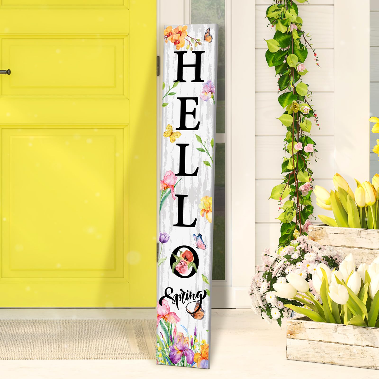 Beeveer Hello Spring Porch Sign 47 x 8 Inches Colorful Welcome Spring Sign Porch Leaner Hanging Door Decorations Wooden Rustic Wall Decor for Home Farmhouse Front Door Spring Decor(Floral)-image-18