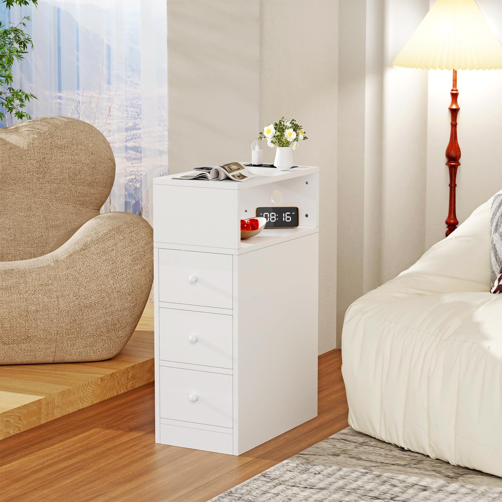 Comodino Stretto con Prese e Porte USB Bianco Comodino con Scomparti a Giorno e Cassetto Tavolino da Notte Mobile Salvaspazio per Camera da Letto Soggiorno 45x25x70cm Comodini Strett, 1 pezzo