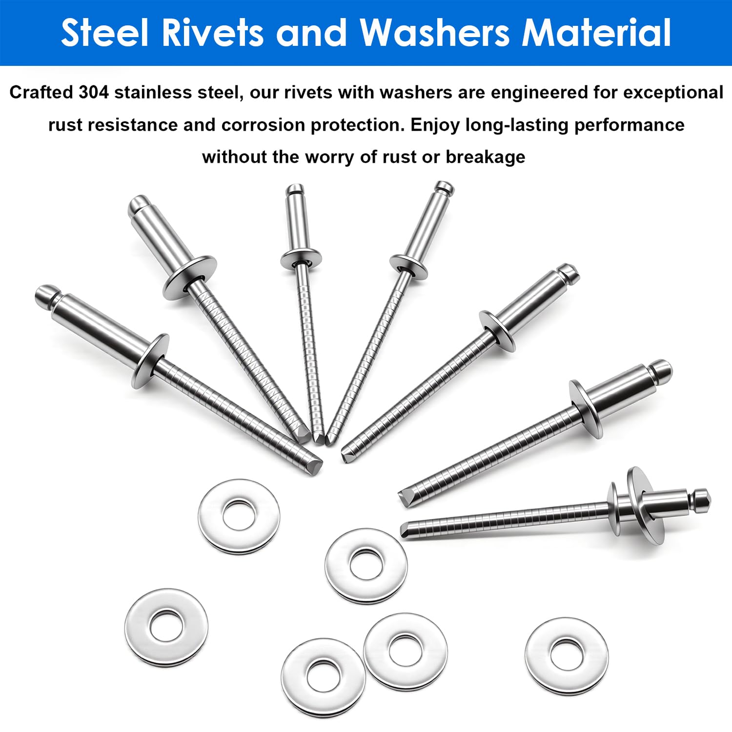 smseace Assortiment de 600 rivets pop en acier inoxydable avec rondelle - 8 tailles de rivets en acier inoxydable (0,6 cm, 1,5 cm, 8,9 cm, 3/16 cm) pour métal, meubles, automobile, instruments