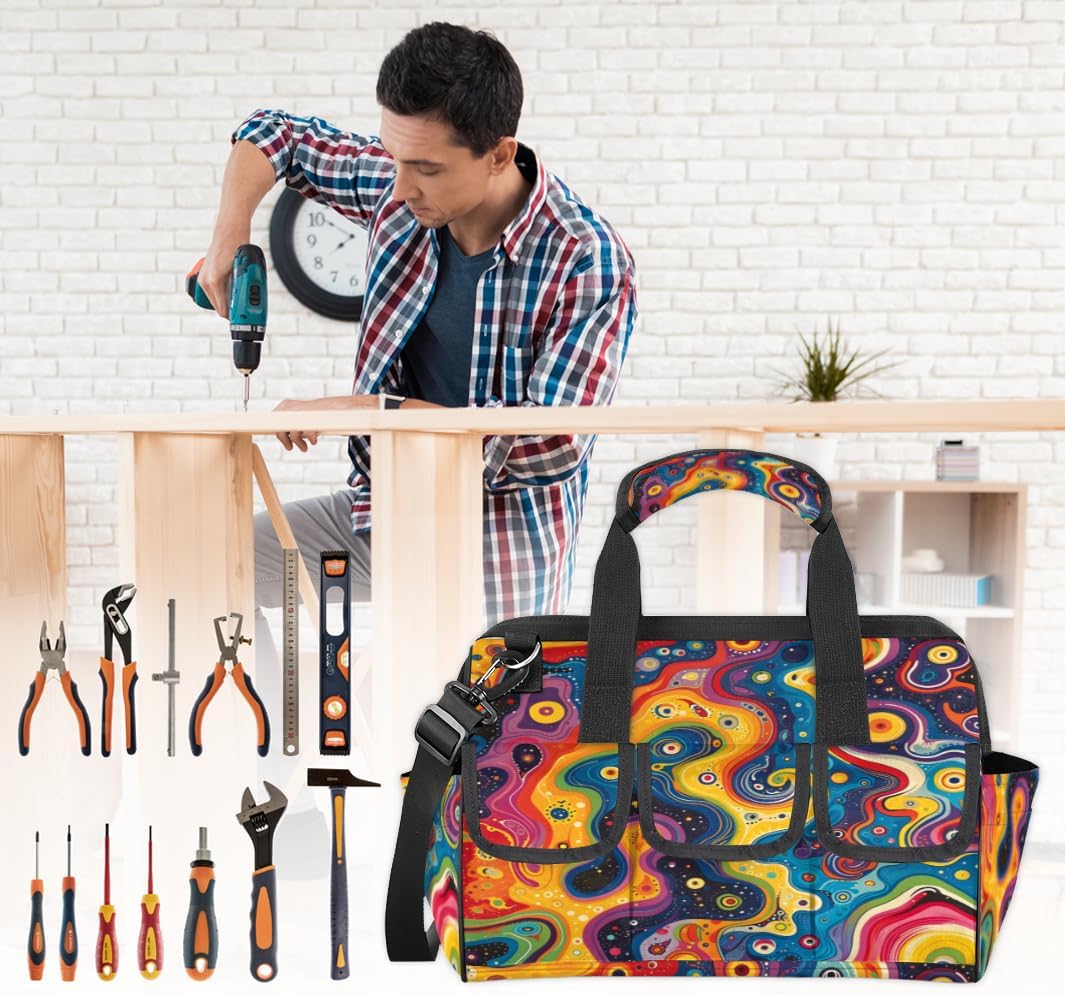 Psychedelic Color Burst Heavy Duty Tool Bag 14.8 Inch for Men, Wide Mouth Garden Tool Storage Bag with Adjustable Shoulder Strap, 14 Pockets Tool Bag Organizer for Construction, Gardening