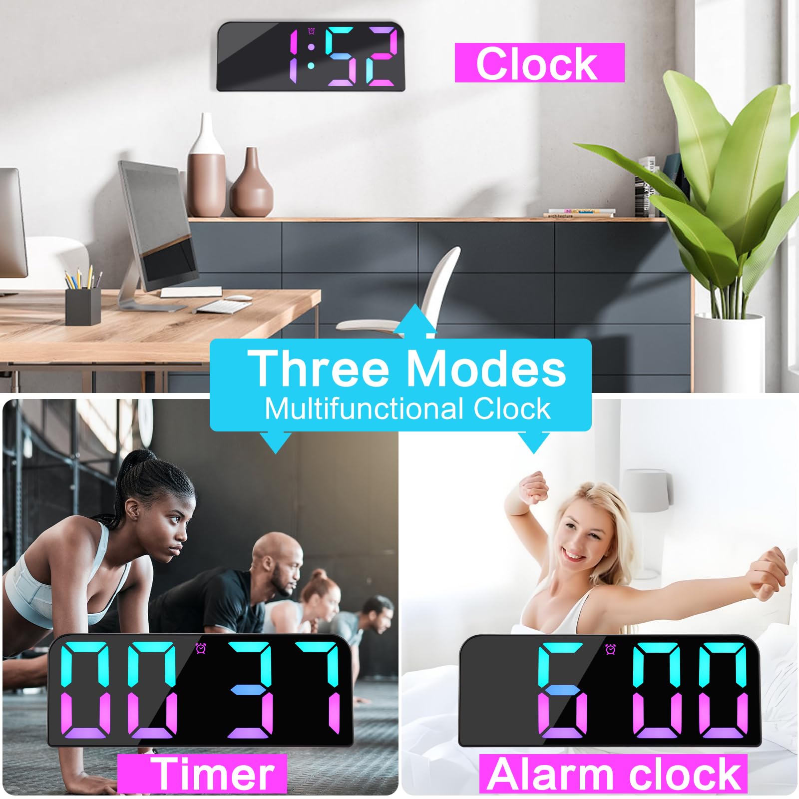 Koolertron Digitale wandklok 9,5 inch groot display, USB digitale klok met afstandsbediening, kleurverandering, RGB-wandklok digitaal met timing en countdown, tijd, datum/temperatuur, voor woonkamer