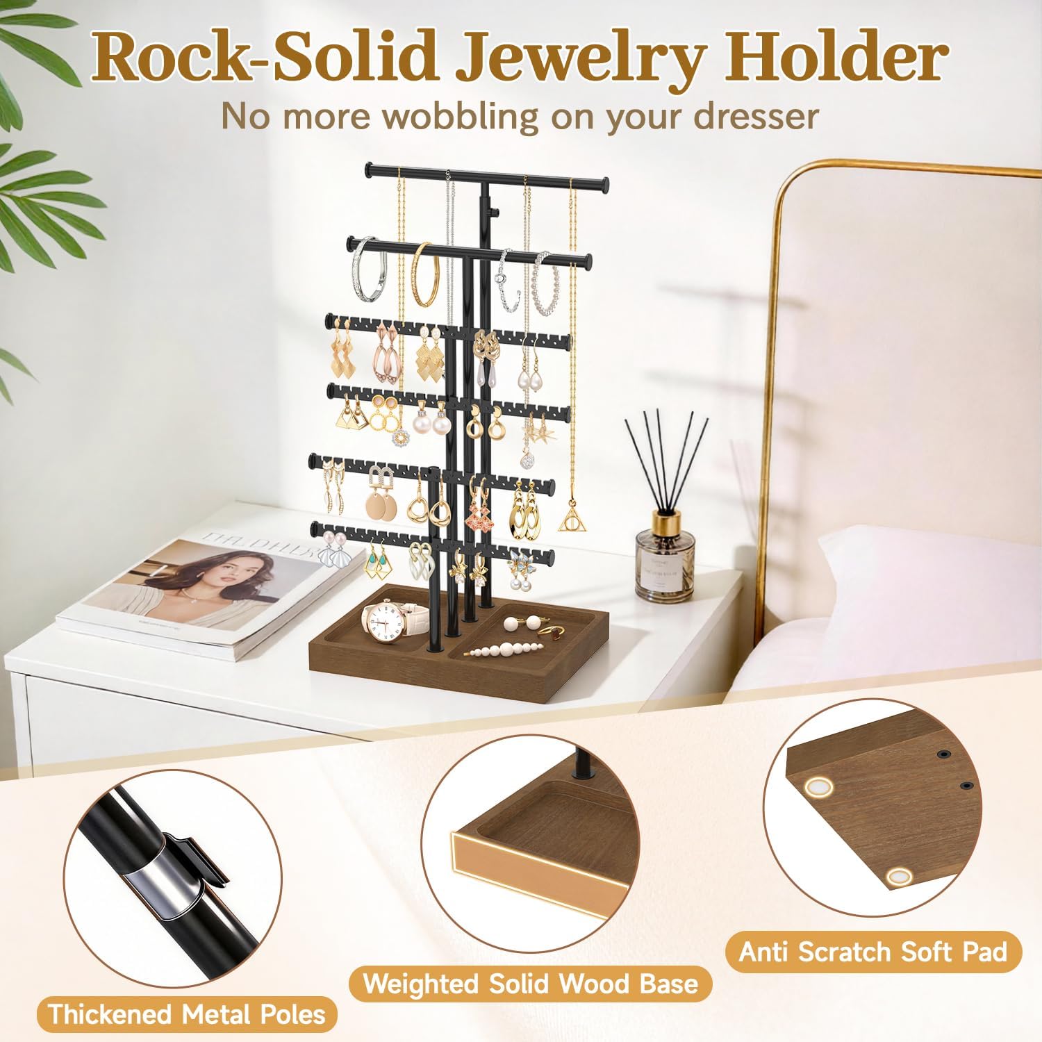 MODOWEY Necklace Holder Organizer Earring Display Stand with Wooden Tray, Metal Adjustable Bracelet Tree Rack for Women Vendor Selling, 6 Tier Tall T Bar Large Storage Tower for Find Jewelry In Second - Image 5