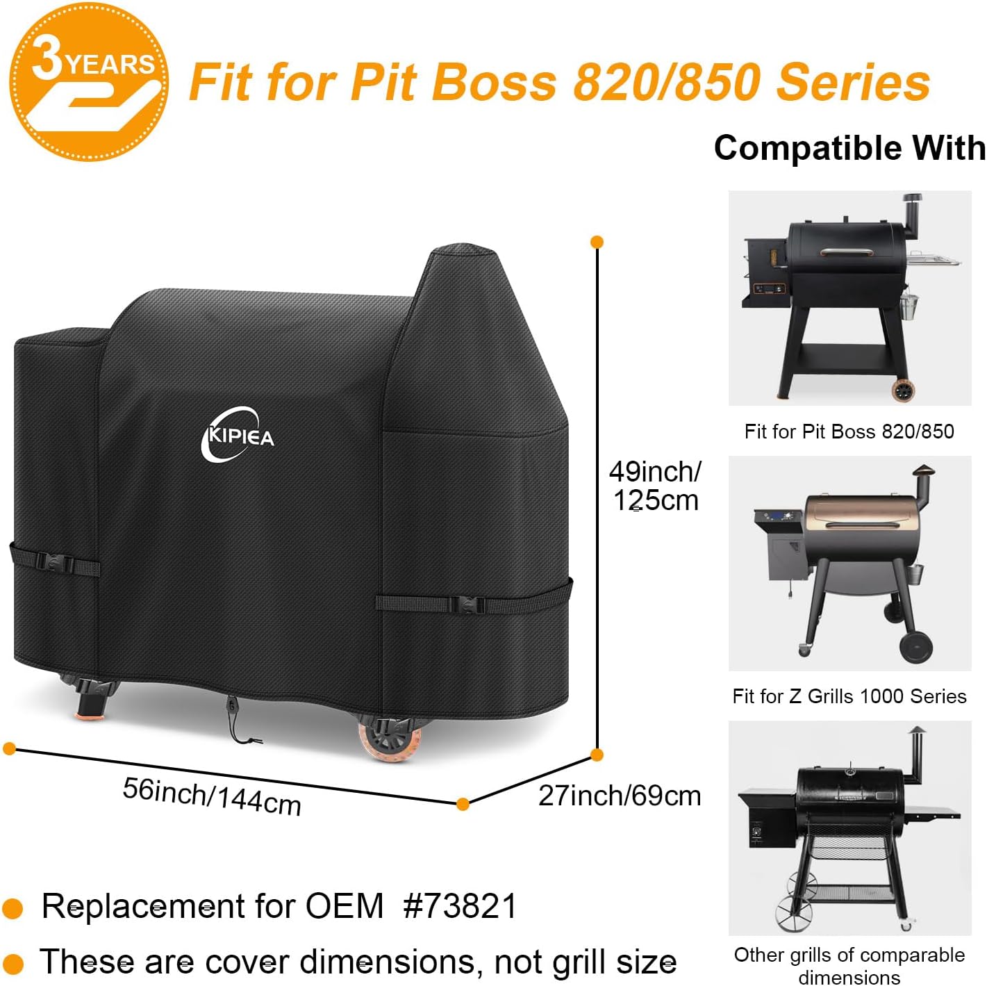 Kipiea 600D Heavy Duty Pellet Grill Cover for Pit Boss 820 & Pro 850 Series, Compatible with Z Grills 1000, Waterproof Wood Pellet Smoker Cover with Windproof Buckles, UV Resistant, No Tear, No Fading