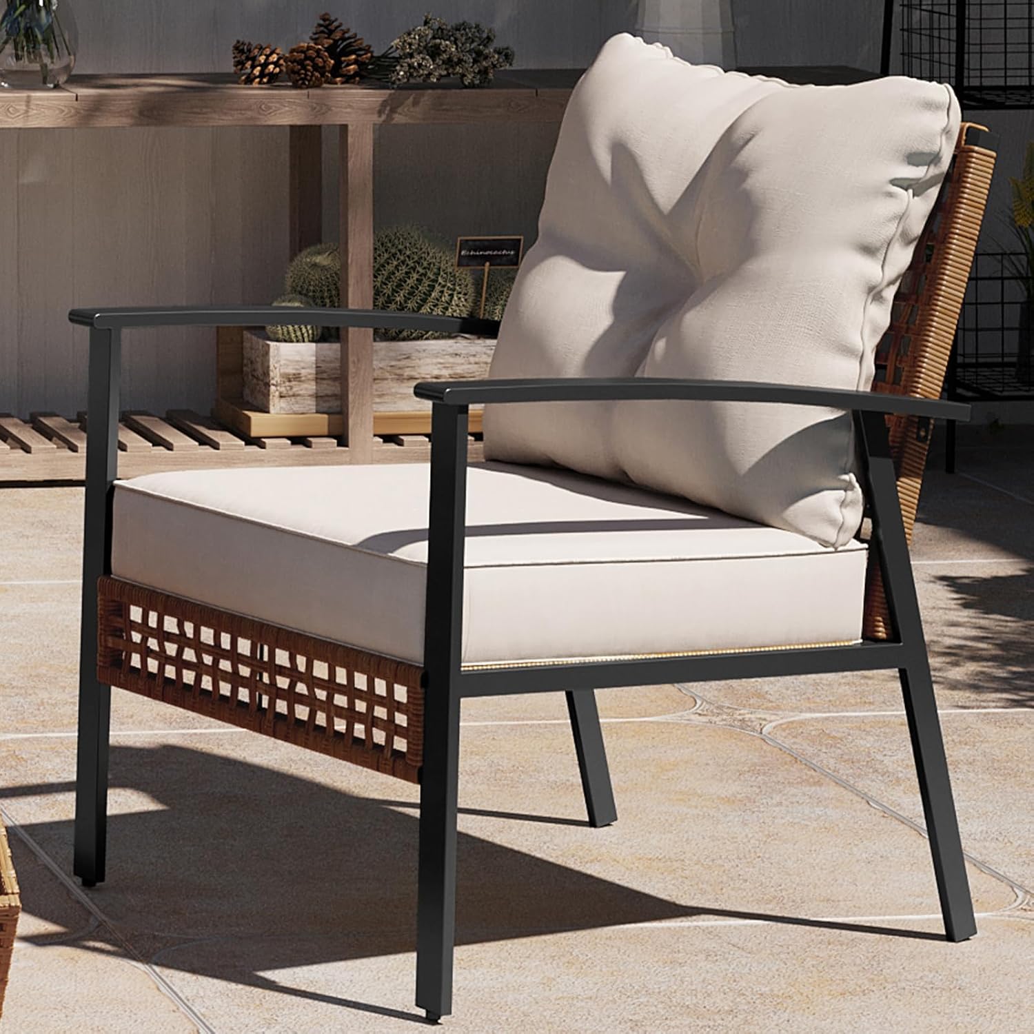 LAUSAINT HOME Patio Dining Chairs Set of 8, Oversized Outdoor Rattan Wicker Furniture Chair Set with Soft Cushions for Porch, Backyard, Garden and Poolside, Beige