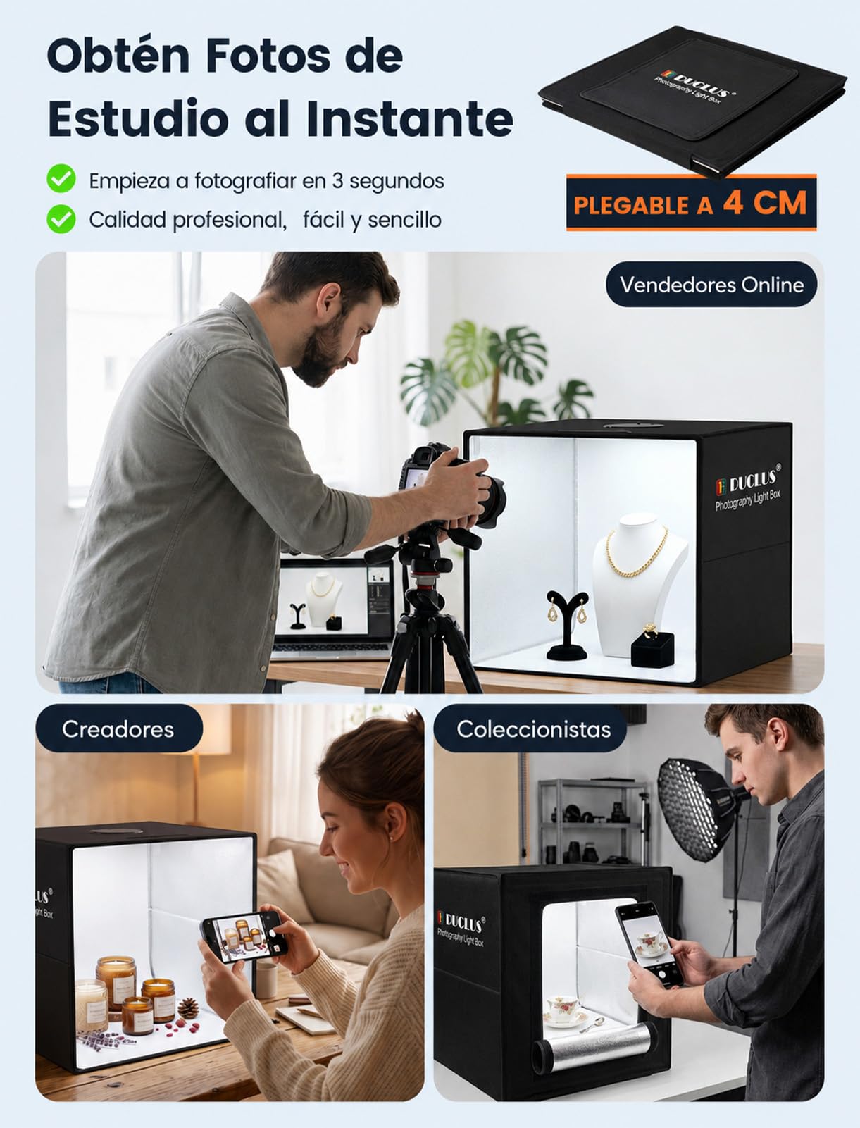 DUCLUS Caja de luz fotografía 40 x 40 cm Plegable Estudio fotográfico, 5500 K, luz Regulable, Juego 160 Cuentas LED y 8 Fondos de fotografía