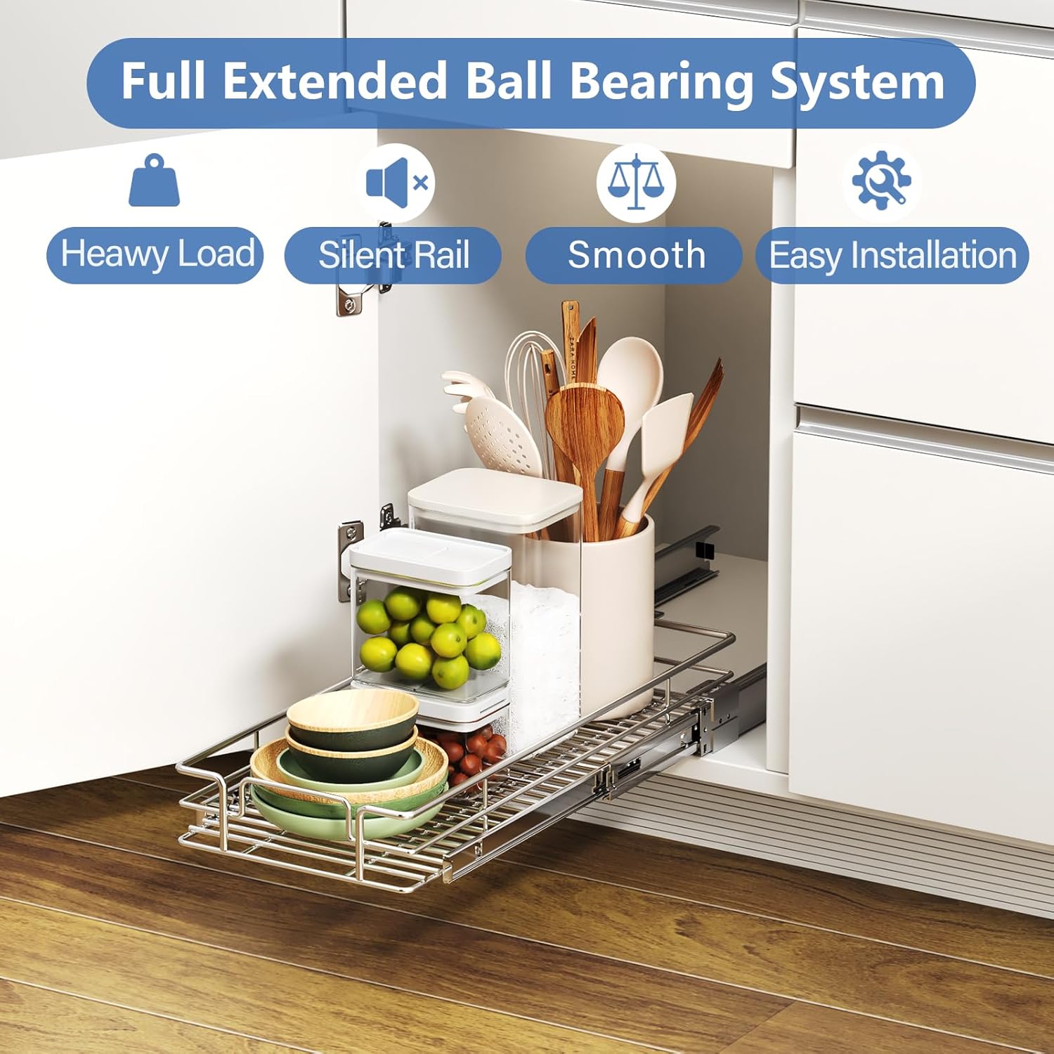 ROOMTEC Pull Out Cabinet Organizer, Single Tier, Black, Kitchen, 9" W x 21" D x 3.5" H, Heavy Duty Slide Out Shelves - Image 2