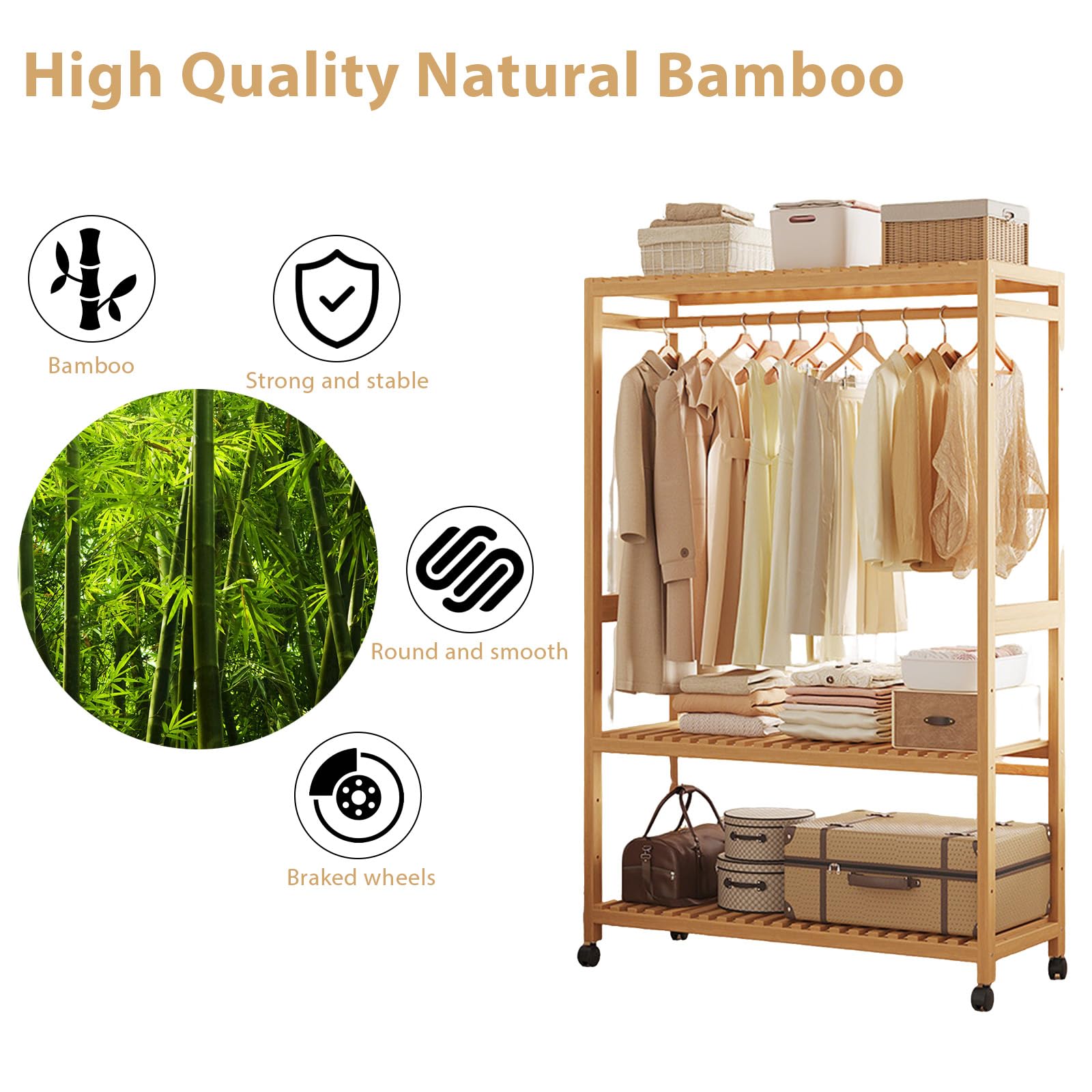 Perchero Burro de Bambú con Ruedas, Perchero de Pie con Barra para Colgar y Estantes Regulables, Organizador de Ropa Móvil para Dormitorio, Salón o Entrada, Largo 83/98 cm