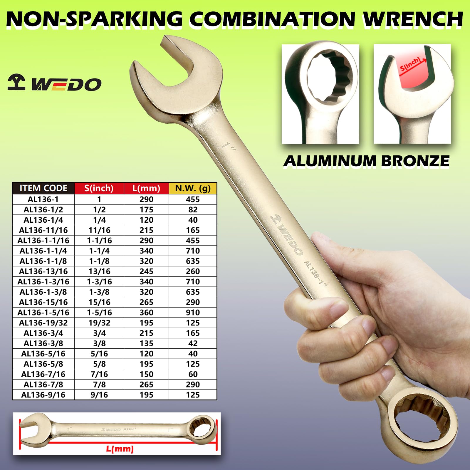 WEDO Klucz płasko-oczkowy bez iskier, klucz płasko-oczkowy zabezpieczający, aluminiowy brąz, matryca, DIN 3113, certyfikat BAM i FM, rozmiar 1-3/16 cala, długość 320 mm
