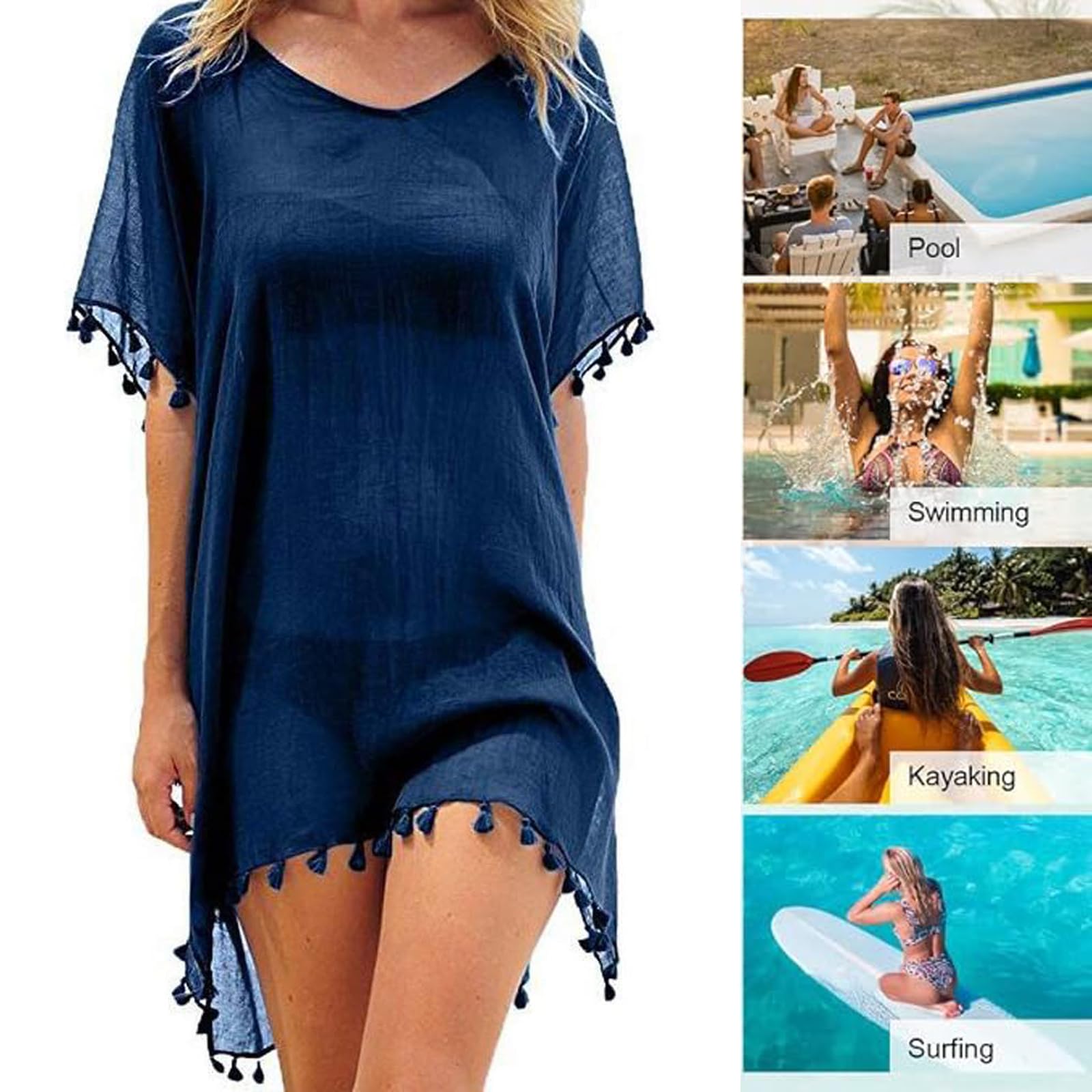 Robe de Plage pour Femmes Ete Bikini Cache-Maillots Mousseline Poncho de Plage Maillot de Bain Plage Bikini Cover Up Chic Loose Semi-Transparent Robe Couvrir Blouse Tunique pour Vancance