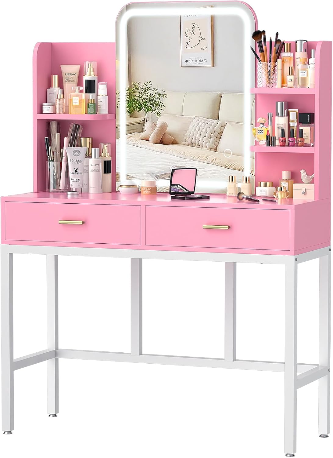 Cyclysio Vanity Desk, Makeup Vanity Desk with Mirrors, Vanity Set with 2 Storage Drawers and Open Shelves, 3 Colors LED Brightness Adjustable Dressing Table, Makeup Desk for Girls and Women, Black