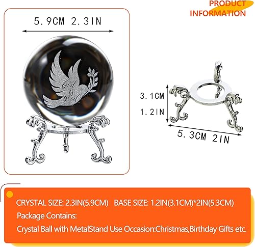 Miniatura 3 de ZEERSHEE Bola de paloma de la paz de cristal de 2.362 in, paloma grabada con láser con rama de olivo, adorno de paloma de cristal con soporte para