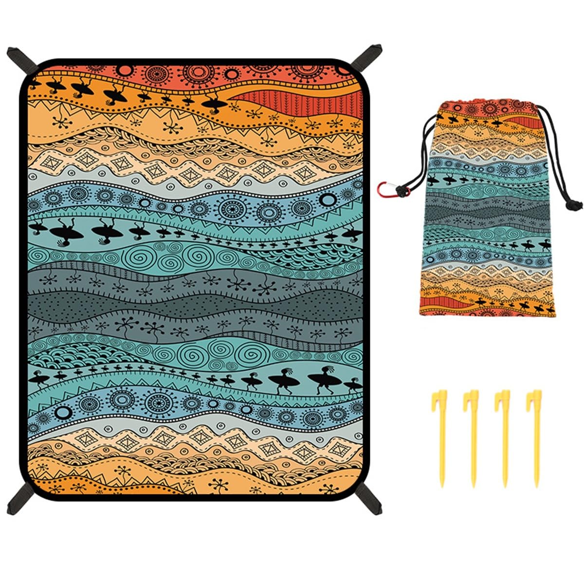 Koc plażowy, wodoodporny, odporny na piasek, ponadwymiarowy, żółw, tęczowy nadruk boho, 180 x 221 cm, bardzo duża, bez piasku, mata plażowa, niezbędna do parku, na piknik, koncert, podróż,