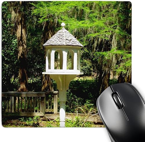 3dRose Alfombrilla de mouse de 8 x 8 x 0.25 pulgadas (un comedero victoriano influenciado para pájaros es un bonito punto focal de jardín en Edisto