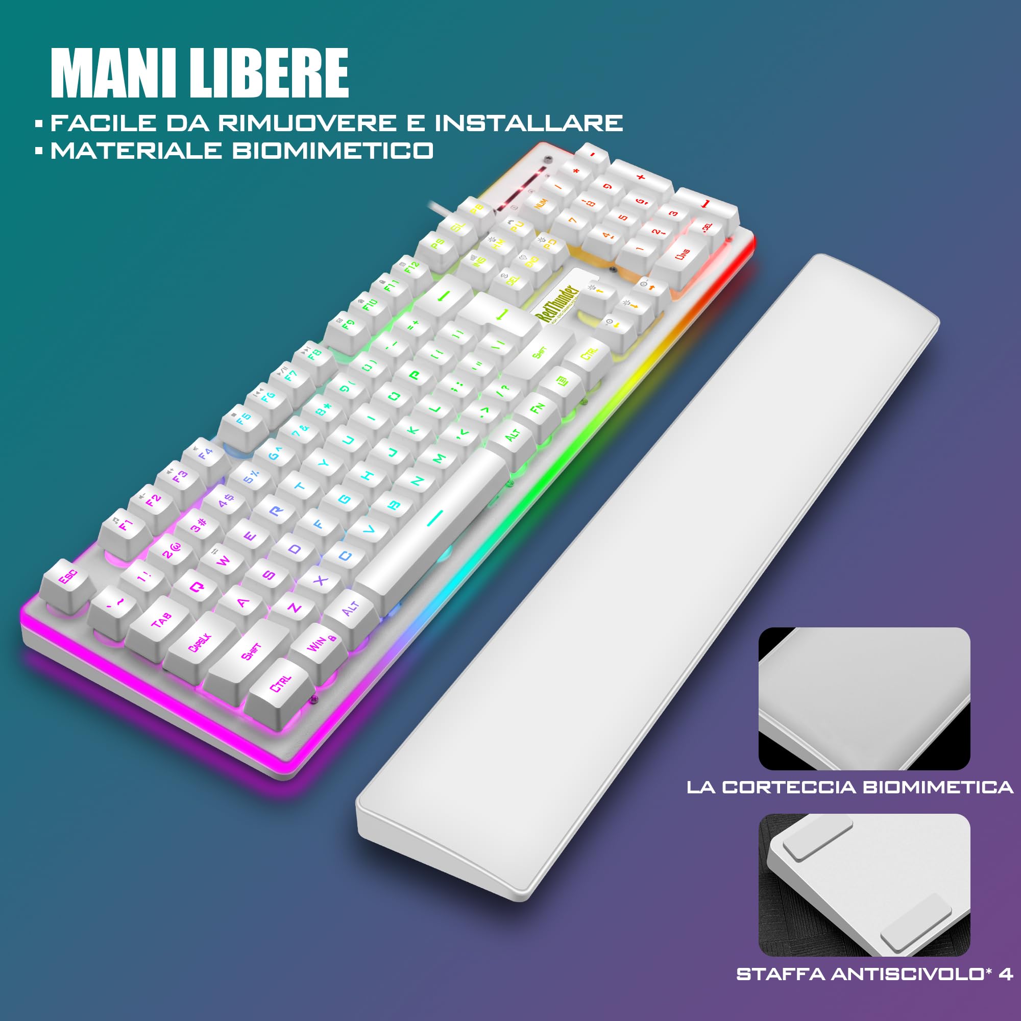 RedThunder K10 Juego de reposamuñecas de piel 3 en 1, retroiluminación dinámica RGB + sensación mecánica, teclas anti fantasma + ratón 7D 7200DPI, diseño de TI, jugadores de PC - Blanco