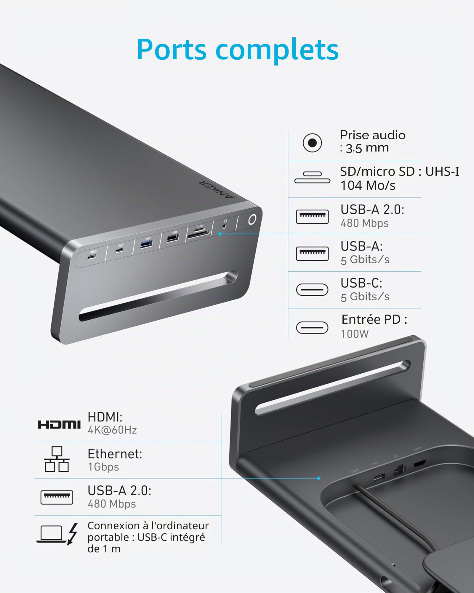 Anker USB C Hub, 10-in-1 Aluminum Monitor Stand with 100W PD, 5Gbps USB Ports, 4K@60Hz HDMI Display, Built-in 3.3 ft Cable, Clutter-Free Desk for MacBook, Dell, and Full-Function USBC Devices