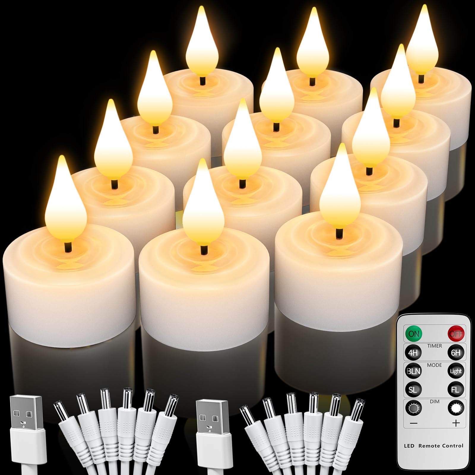 Ymenow Rechargeable Tea Lights Candles, 12pcs Electric Battery Flameless LED Candles Flickering Candle Set With Charging Station, USB Cable & Candle Cups For Room Halloween Christmas Decorations