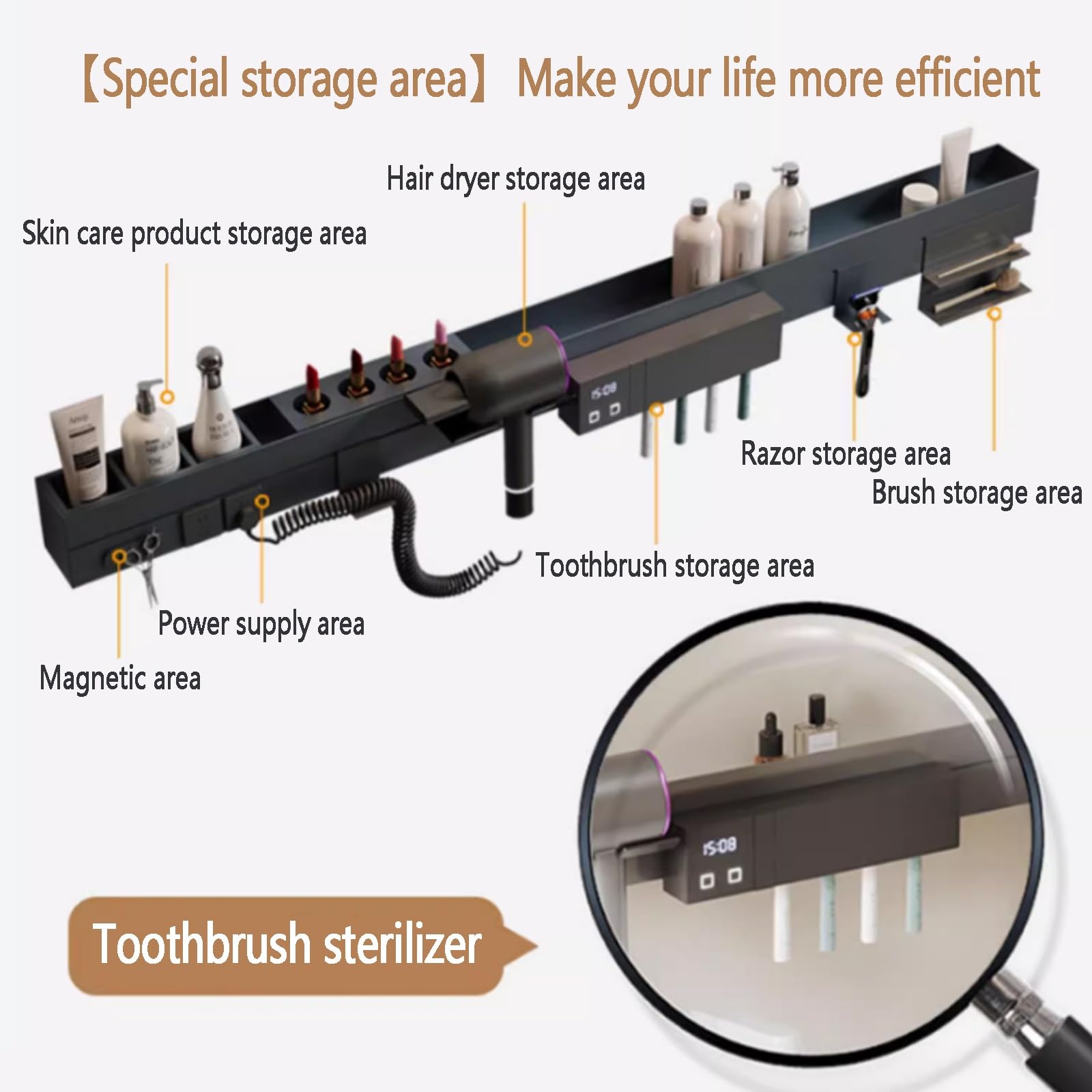 Multifuncional Armario con Espejo for Cuarto de Baño,Armario de Pared Rectangular Antivaho,Gabinete De Espejo De Tocador De Baño Montado En La Pared con visualización de la hora,agujero de papel,estan