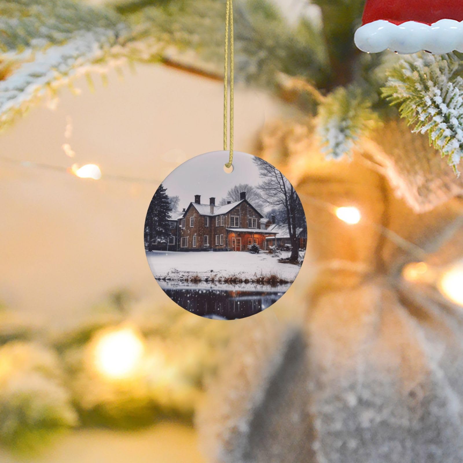 Christmas Tree Ornaments Ceramics Christmas Round Decorations Winter Farmhouse Ceramics Ornaments Circle Pentagram Xmas Tree Hanging Pendant for Christmas Tree Party Holiday Home Decor