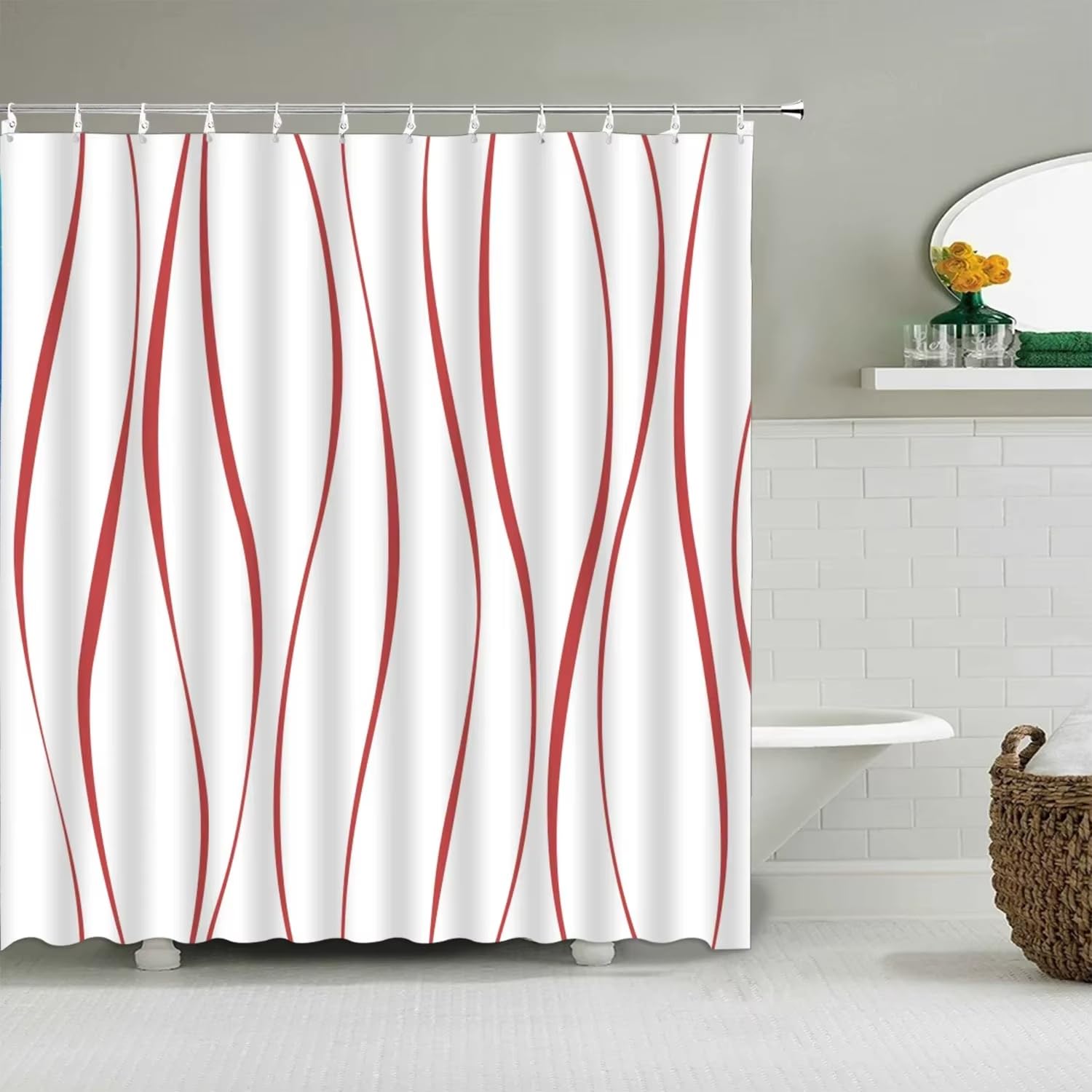 Cortina de Ducha 200x200 Blanca,Diseño Abstracto Moderno de Rayas Onduladas Rojas,Impermeable,de Poliéster con Ganchos,Lavable a Máquina,para Baños,Duchas y Bañeras,200Anx200Al cm (1 Panel).