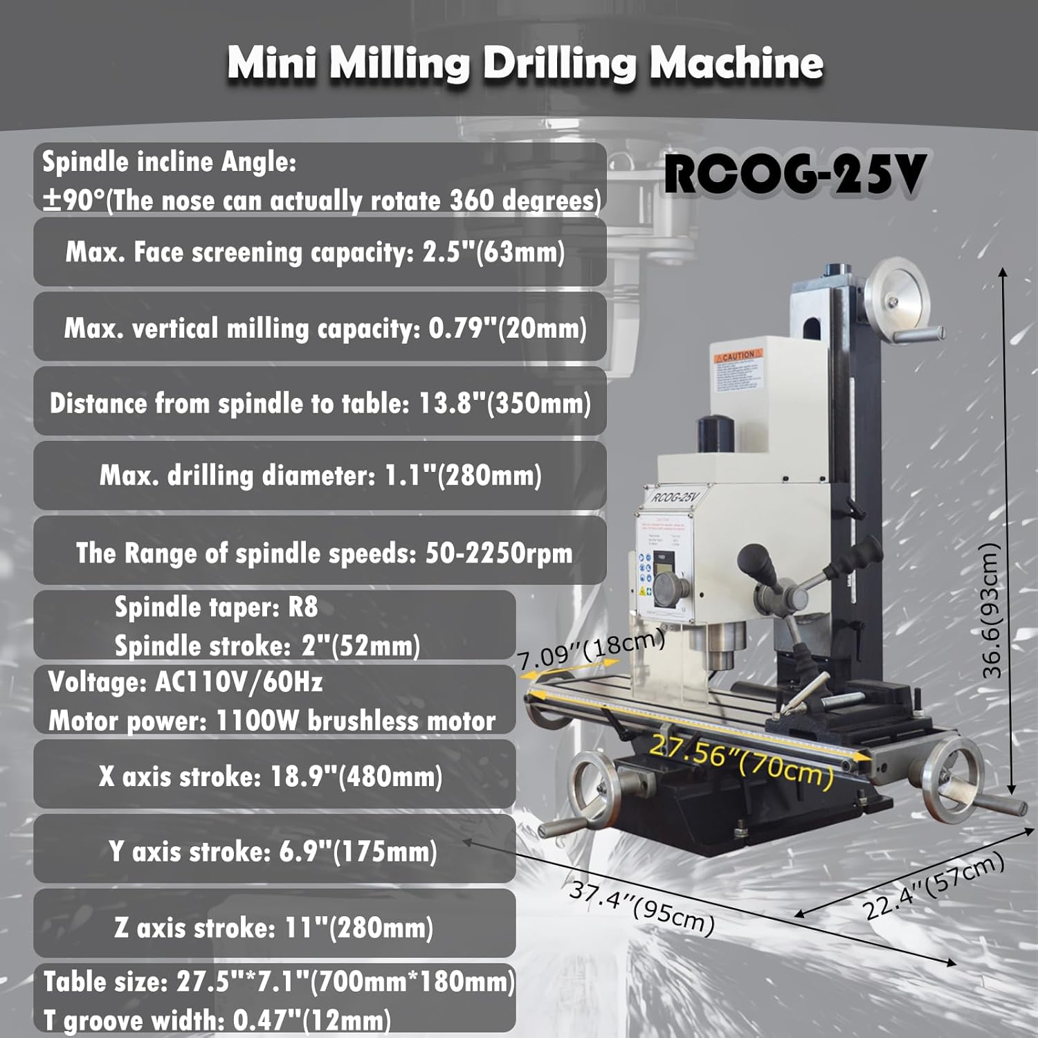 HayWHNKN Mini Milling Drilling Machine with key dimensions and specifications